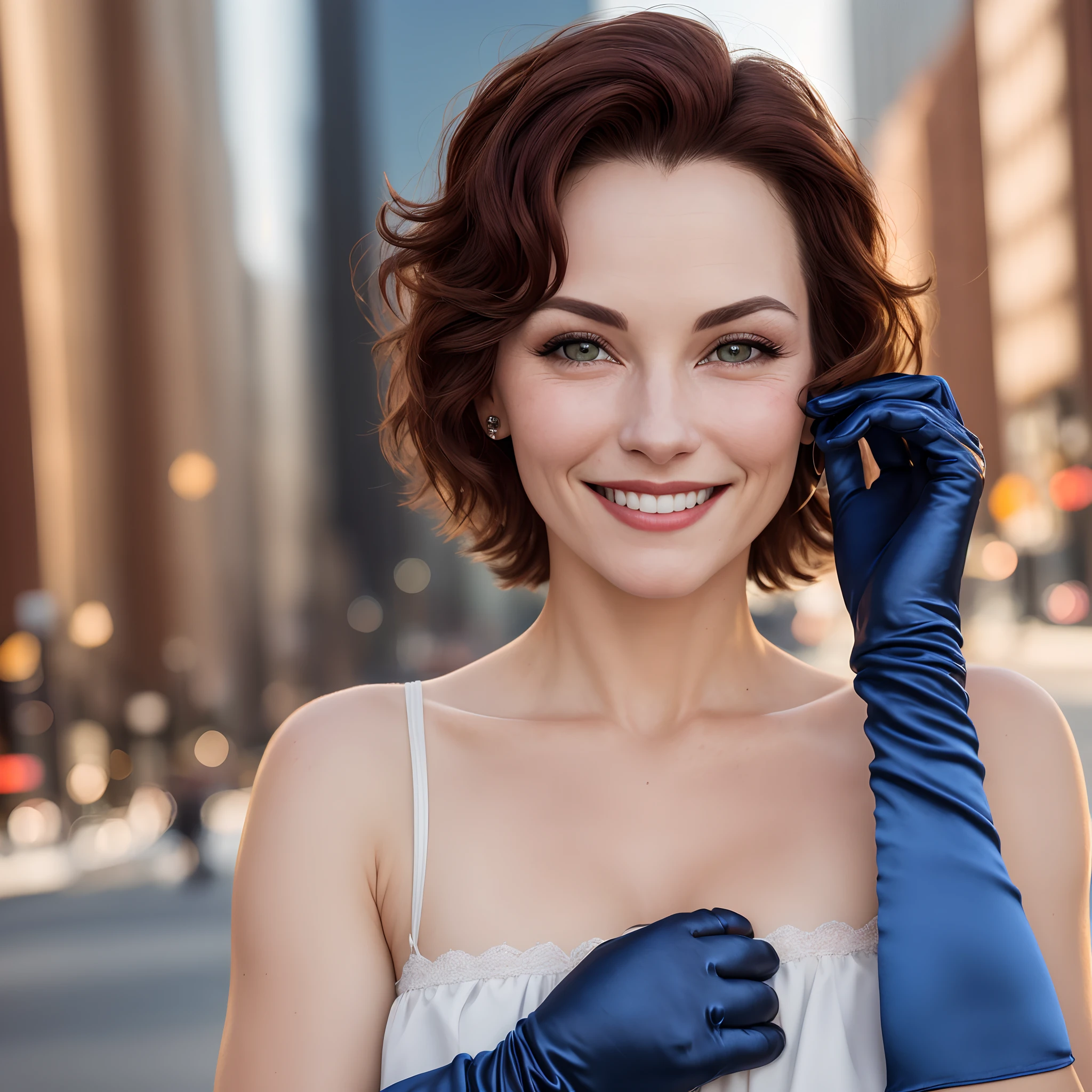 color photo, high quality, 4k, 1female, solo, portrait, 20 years, american woman, smile, downtown america,satin gloves, outdoor, face only, close-up photo of face