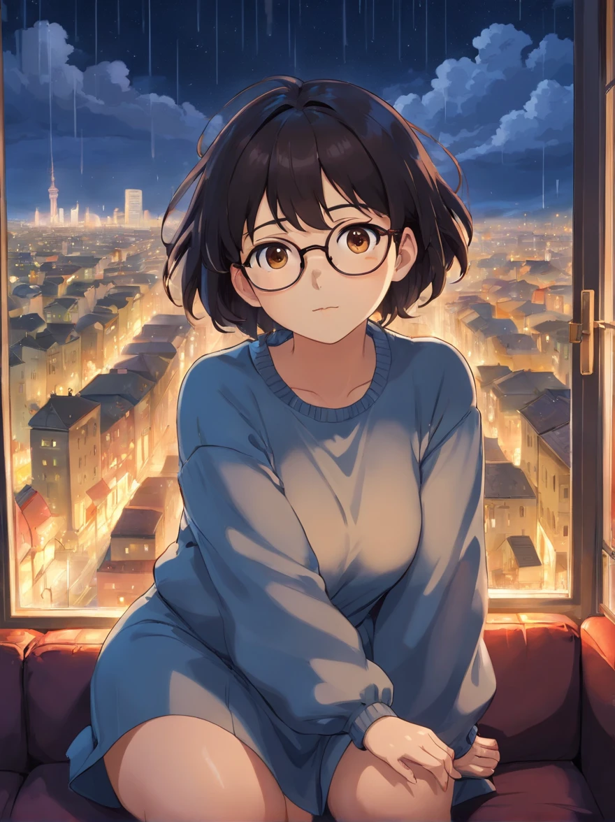 1girl, short black hair, brown eyes, cute glasses, curvy, thick, busty, librarian, curled up on couch, sitting by window, rain, night sky, night city, absurdres, high res, ultrasharp, 8K, masterpiece, looking at viewer