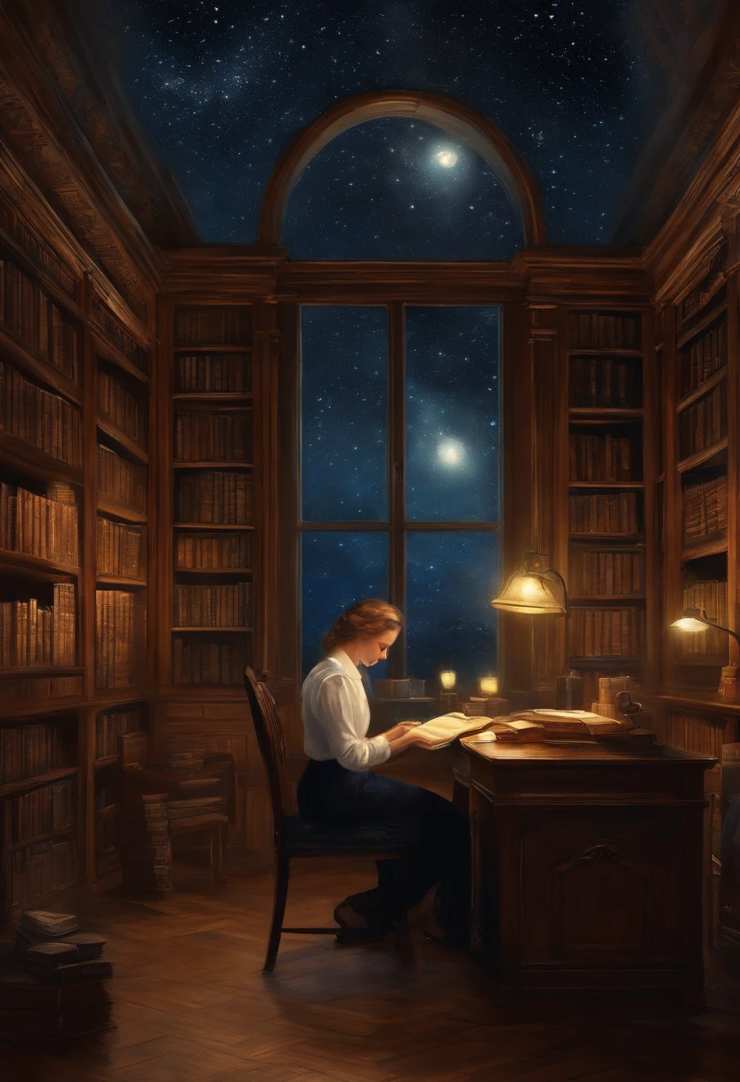 In the style of Van Gogh's 'Starry Night', create a best quality 8k artwork showcasing a writer in a library. The scene should be ultra-detailed, with the writer sitting at a wooden desk positioned near a large window overlooking a starry night sky. The library should be filled with rows of bookshelves, each filled with books of various sizes and colors. The writer should be surrounded by a warm glow from a vintage desk lamp, illuminating their face and the pages of their notebook. The painting should capture the serene atmosphere of a quiet library at night.