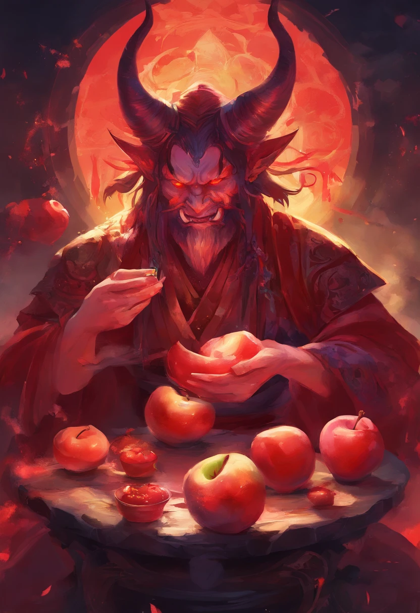 An Anime Japanese Oni eating an Apple, Angry, Cinematic, Terror, horror, red goo, HD, Dark fantaksy