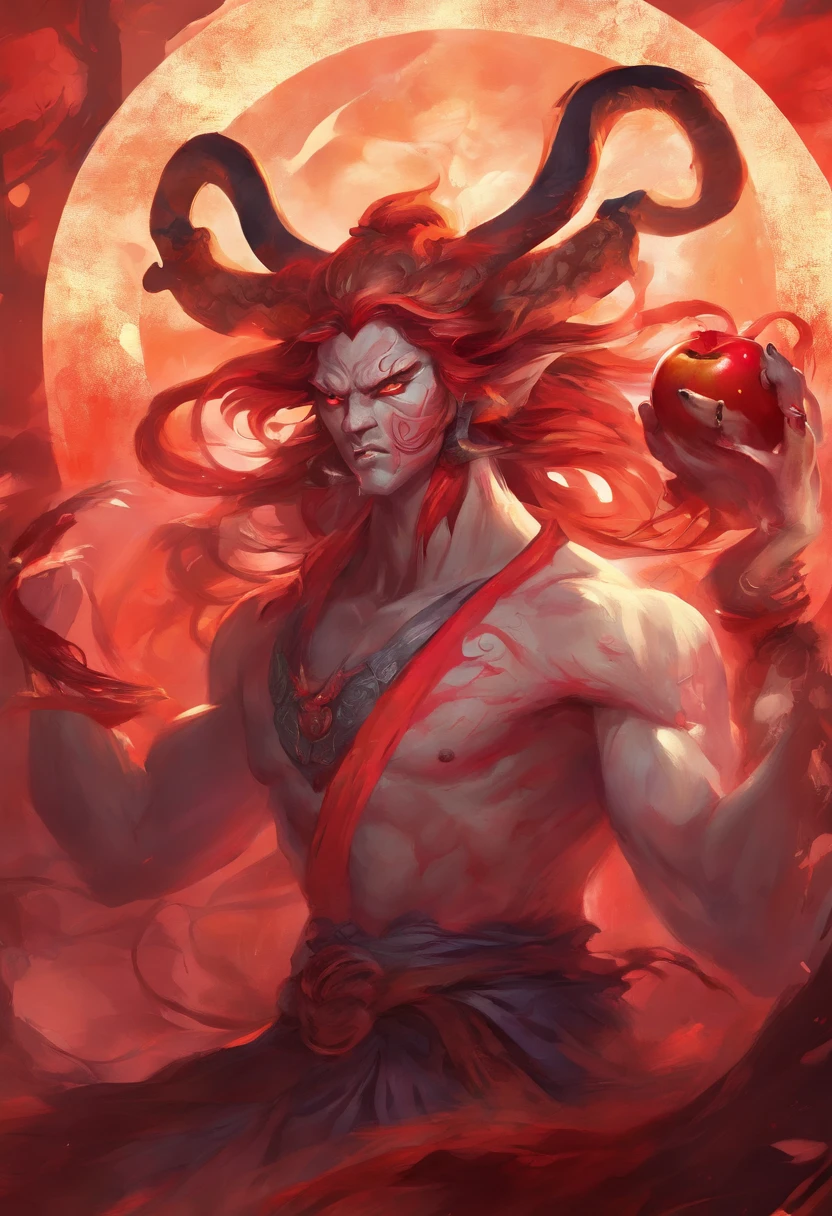 An Anime Japanese Oni eating an Apple, Angry, Cinematic, Terror, horror, red goo, HD, Dark fantaksy