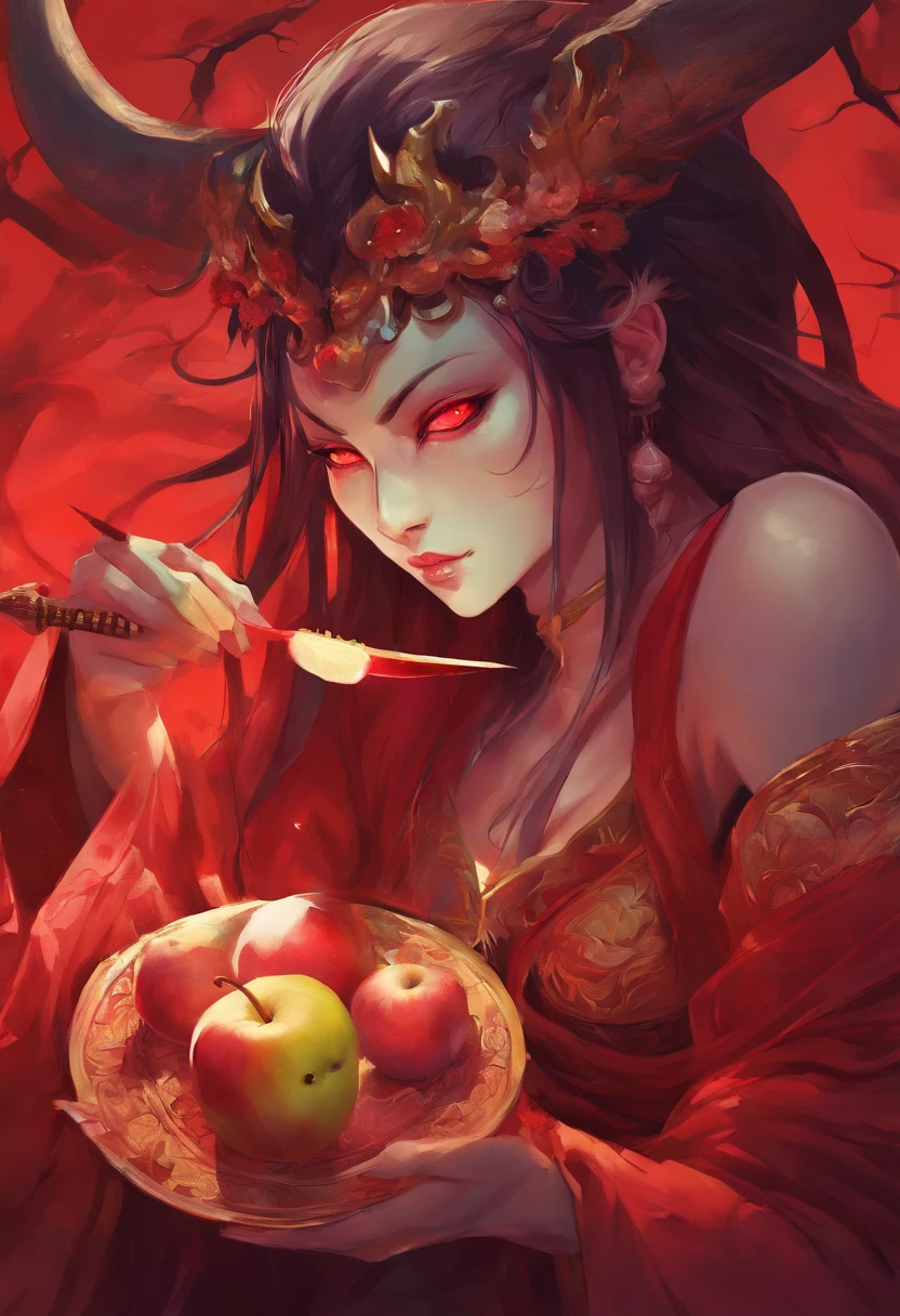 An Anime Japanese Oni eating an Apple, Angry, Cinematic, Terror, horror, red goo, HD, Dark fantaksy