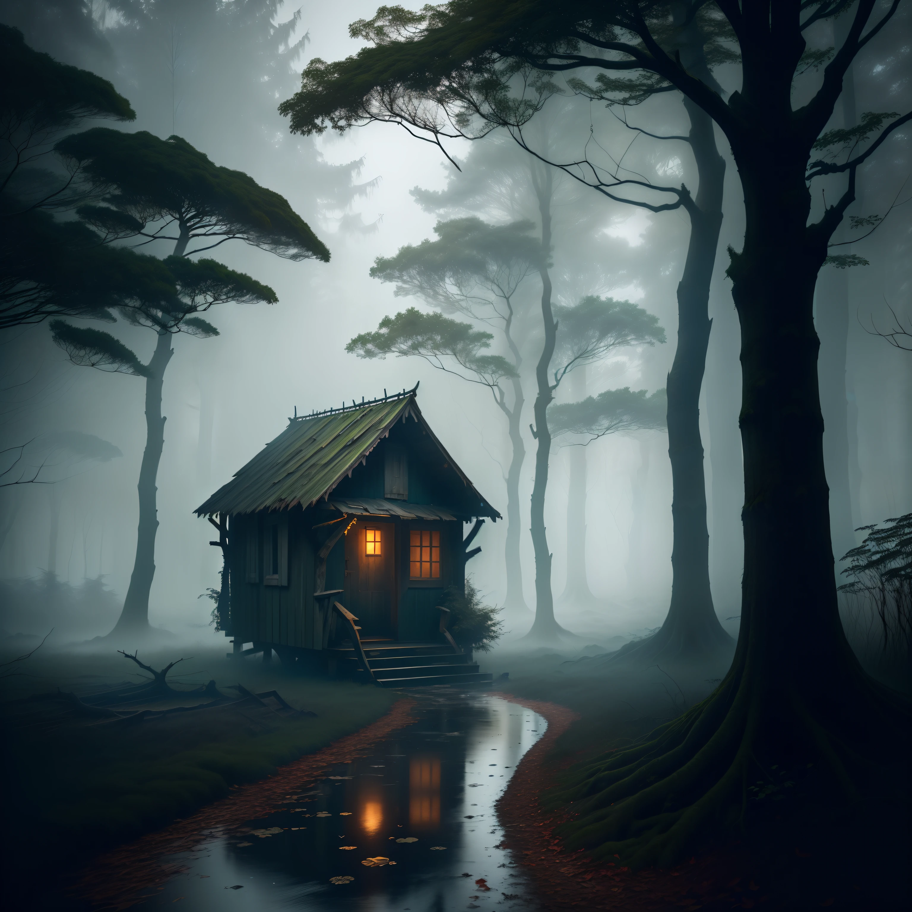 Title: Dark and Abandoned Forest Haven

Description:
Imagine a mysterious, dense forest at twilight. The thick canopy barely lets any sunlight through, casting eerie shadows on the overgrown forest floor. Amidst this wild and eerie landscape, a dilapidated, abandoned hut stands hidden amongst the twisting trees. Its dark, weather-beaten wooden structure tells tales of forgotten times. The windows are broken, and the door hangs ajar, revealing the dark emptiness within. Around the hut, ancient, gnarled trees stretch their limbs wide as if guarding the secrets held within the abandoned abode. The forest floor is littered with fallen leaves, and a light mist weaves through the trees, shrouding the scene in a veil of mystery.

As the sky grows darker with ominous clouds, a soft drizzle begins to fall, creating a rhythmic pitter-patter on the leaves and the wooden roof of the hut. The rain intensifies gradually, breathing life into the eerie silence of the forest. Each drop sends ripples across the tiny puddles forming on the muddy ground. The scene is a blend of dark yet enchanting beauty, an exploration of nature reclaiming what was once touched by man.

Let the fine details like the rough texture of the bark, the wet foliage glistening in the soft glow of twilight, the raindrops gently sliding off the leaves, and the eerie calm surrounding the abandoned hut, evoke a sense of melancholy and poetic solitude. Aim for a realistic rendering with meticulous attention to lighting, texture, and atmosphere to capture the haunting yet captivating essence of this forgotten haven in the heart of the dark forest.