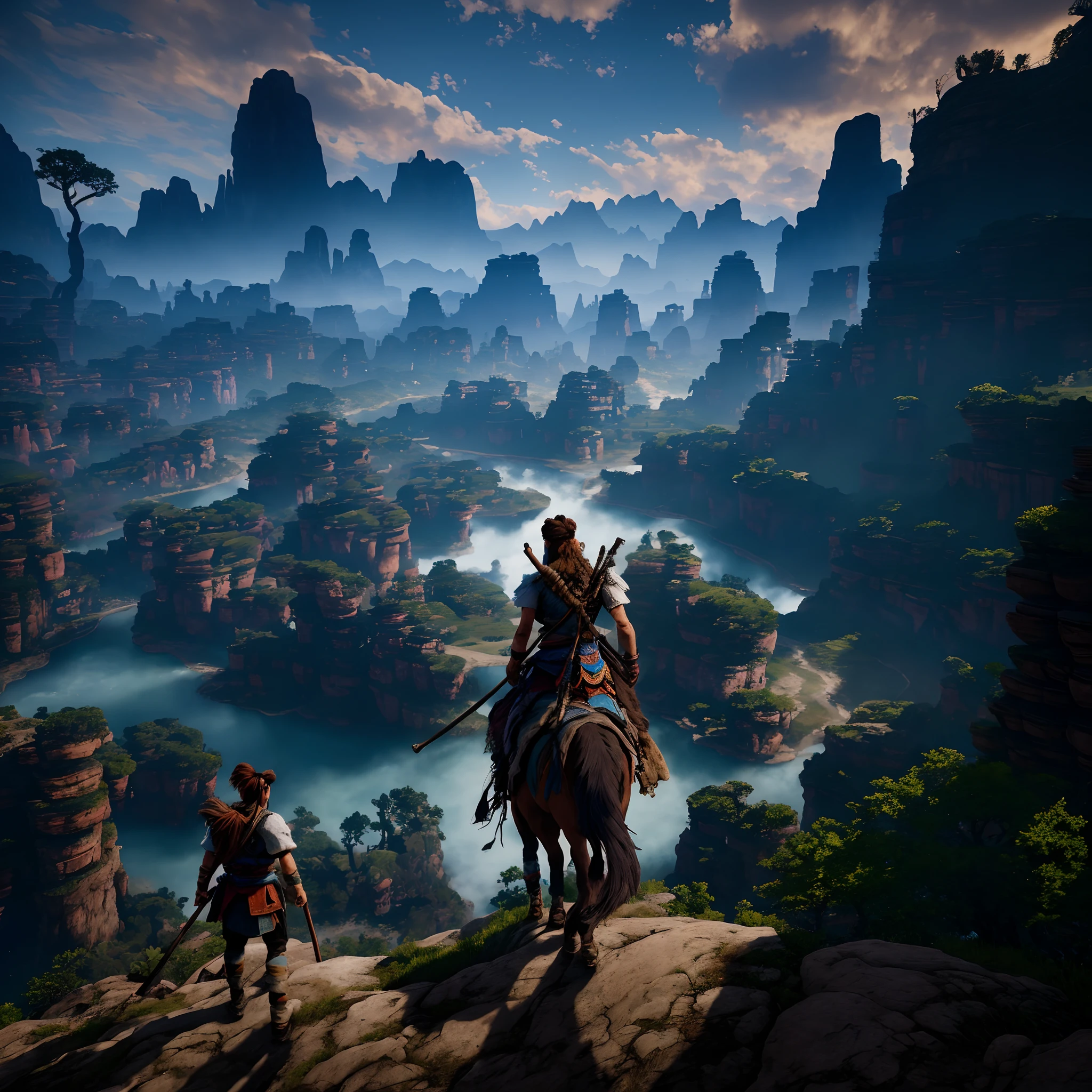 A man on the mountain rode across a river,Walk towards the temple， horizon zero dawn 8 k, horizon zero dawn aesthetic, most epic landscape, epic landscapes, Horizon Zero Dawn, From the horizon: Zero, Beautiful and cinematic lighting, beautiful epic vista, ghost of tsushima, 4K tranquility, 4 K Wild West, ps5 cinematic screen capture