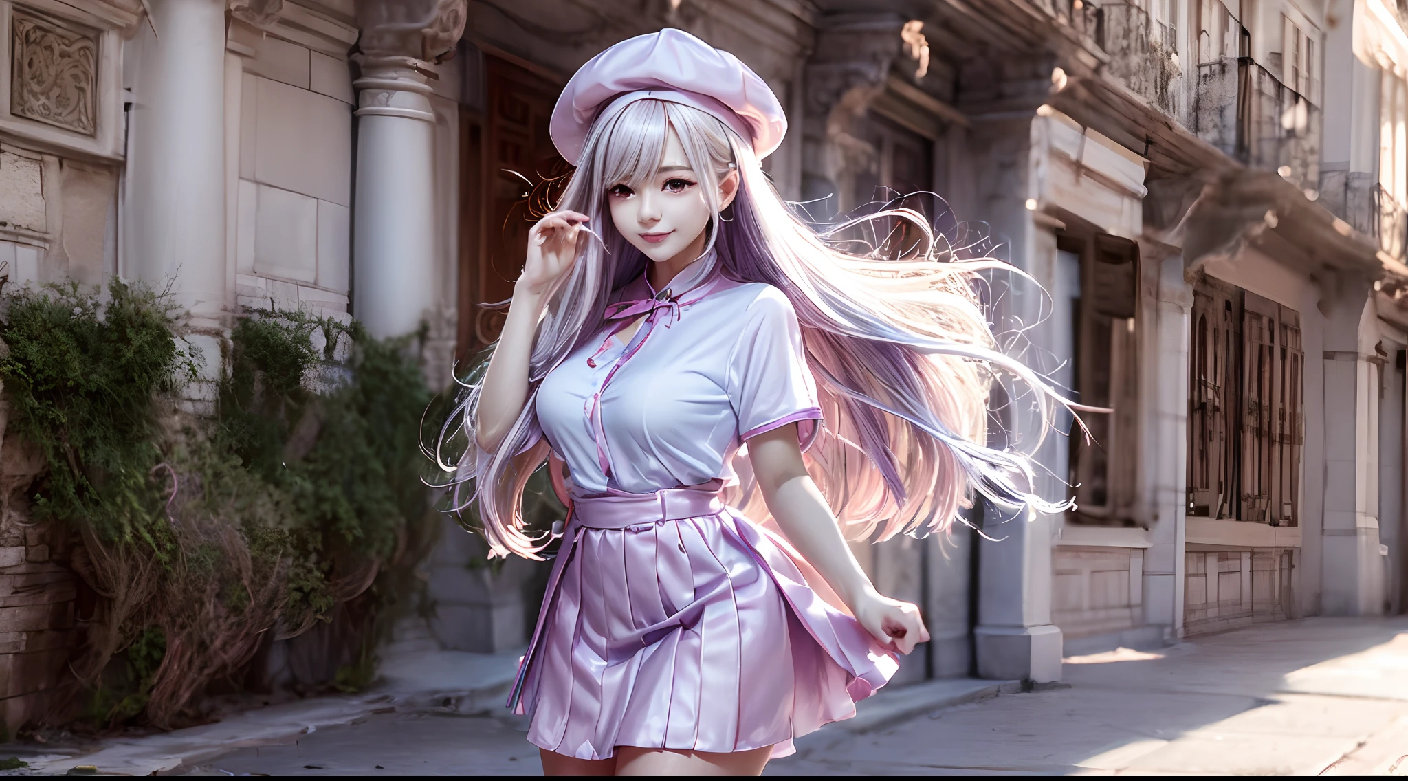 (Best quality,A high resolution),lavender hair,Pink berets,reaching out her hands,Red sunglasses,Sparkling eyes,Plump lips,Charming smile,Pink floral cheongsam,Detailed legs,shiny shoes,Lovely and lovely art style,Portrait background,pastelcolor,Warm and comfortable lighting，Dragon-shaped smoke