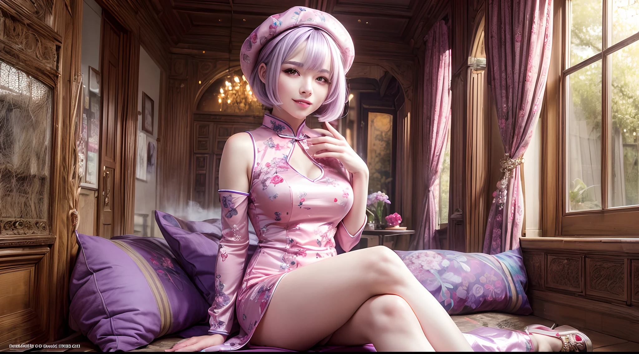 (Best quality,A high resolution),lavender hair,Pink berets,reaching out her hands,Red sunglasses,Sparkling eyes,Plump lips,Charming smile,Pink floral cheongsam,Detailed legs,shiny shoes,Lovely and lovely art style,Portrait background,pastelcolor,Warm and comfortable lighting，Dragon-shaped smoke