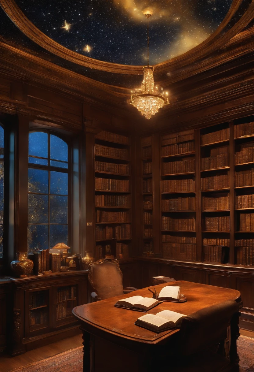 Create a visually captivating 8k masterpiece reminiscent of Van Gogh's 'Starry Night' featuring a writer in a library. The scene should be highly detailed, with the writer seated at a desk surrounded by tall bookcases filled with books of various colors and sizes. The library should be bathed in a deep blue hue, with swirls of golden stars and crescent moons adorning the ceiling. The writer should be engrossed in their writing, with a contemplative expression on their face. The lighting should be soft and moody, casting intriguing shadows across the room.