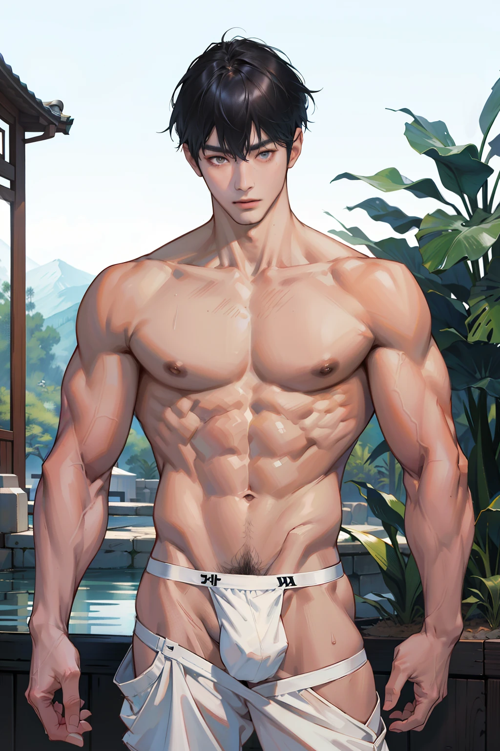 A Korean man, Slim body , Pale Asian skin, good eyes, Detailed body,massive bulge， Detailed face, Wear white thongs, Bare lower body, Good outdoor lighting, A sexy pose, Good expression , Sexy but cute, No beard, ,Only skinny thongs, A handsome face like a K-pop idol, Topless