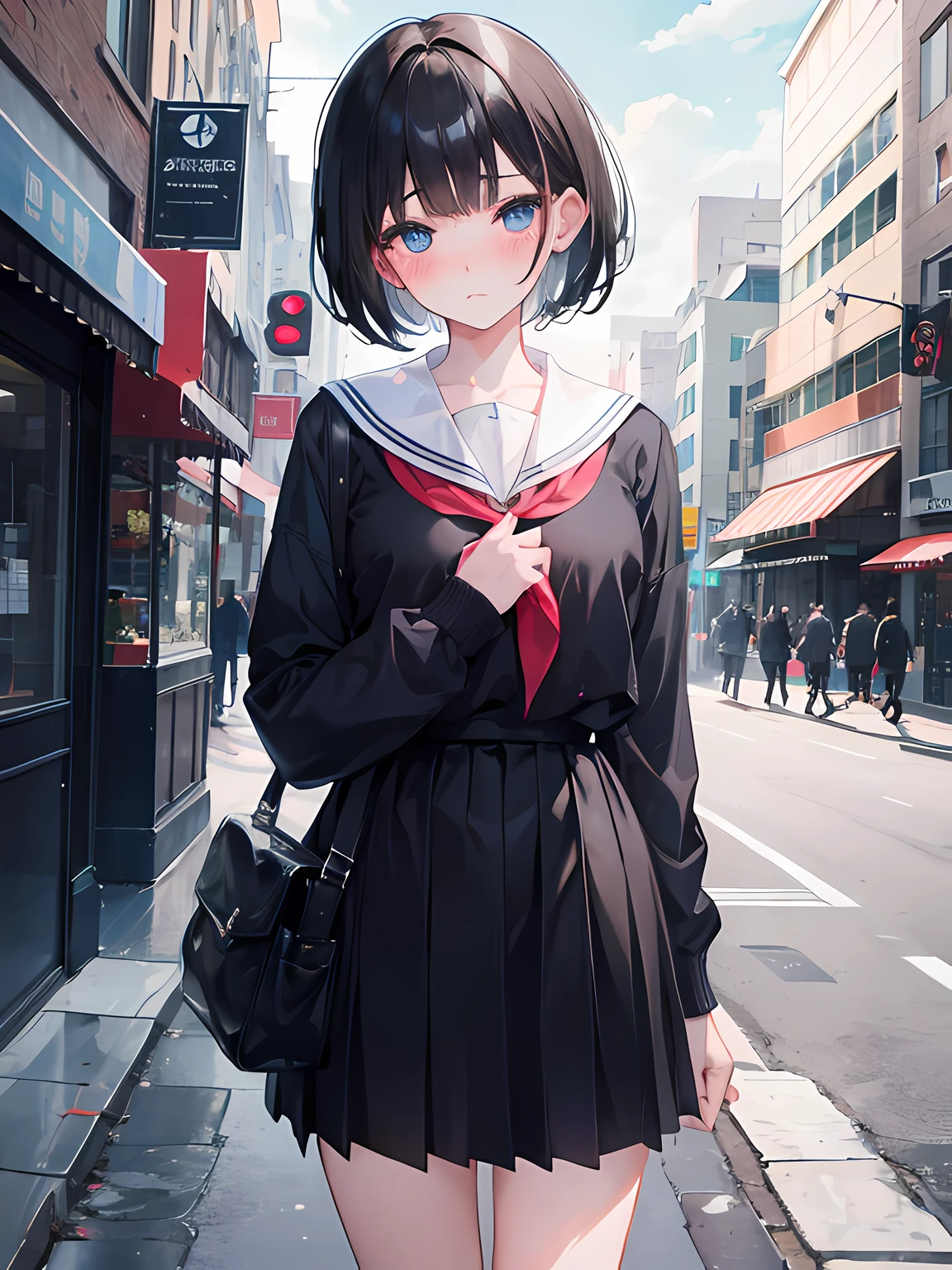 1girl, short black hair, blushing, embarrassed from, blue eyes, wearing plain school uniform, city, absurdres, high res, ultrasharp, 8K, masterpiece, looking at viewer