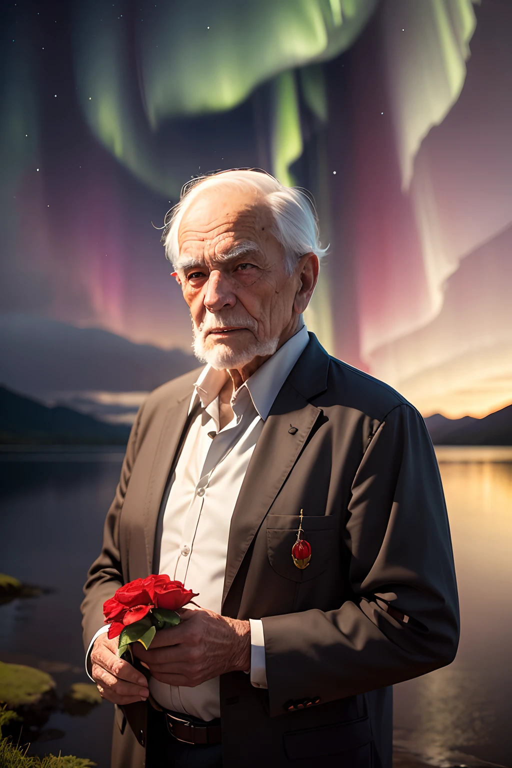 an elderly man with a red flower in his left hand, em frente ao lago, A sky with aurora borealis