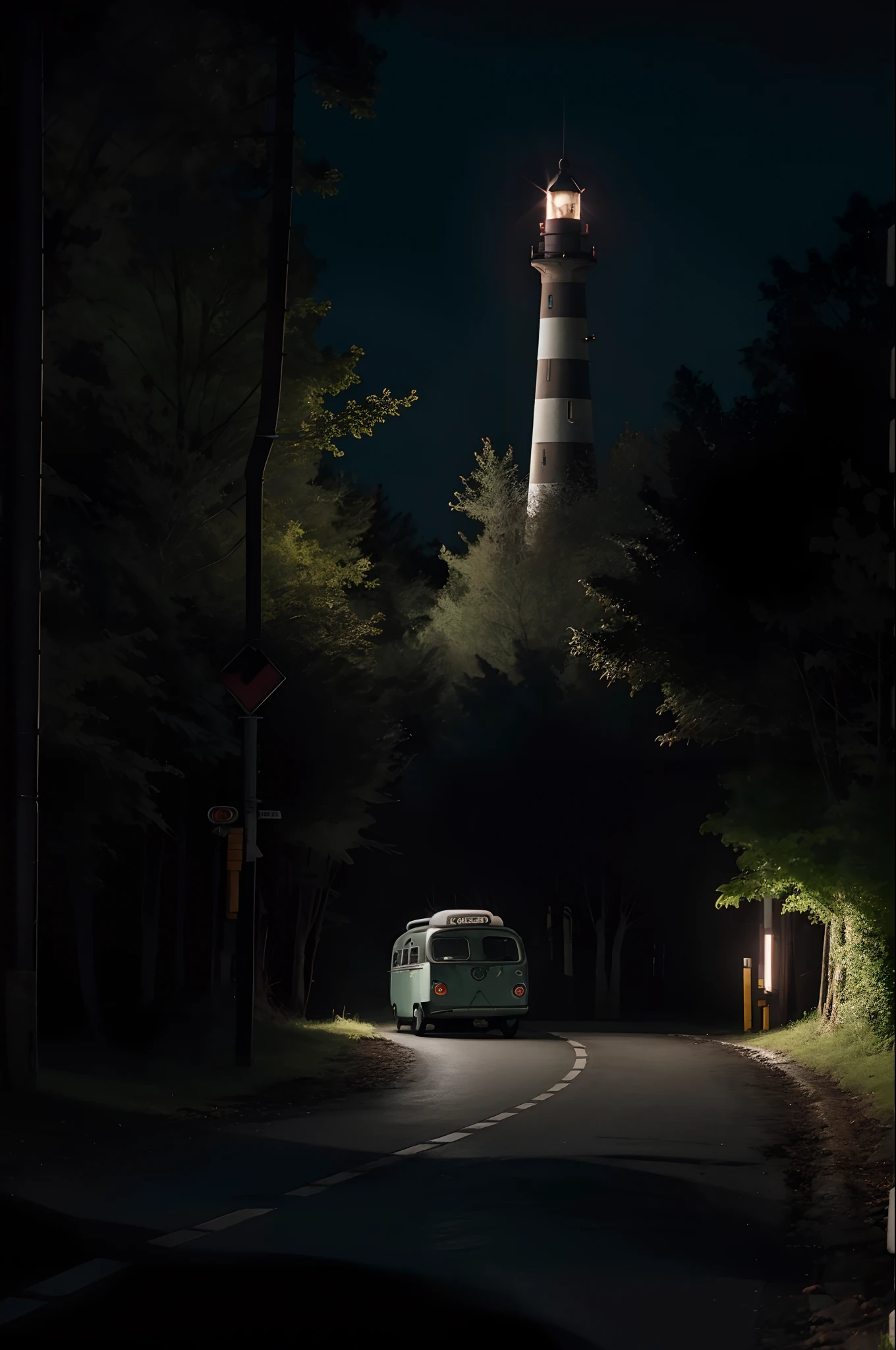 kombi 1969, green and red, dark night, black forest, dark environment, best quality, hyperrealistic, dslr, 8k, lighthouse,
