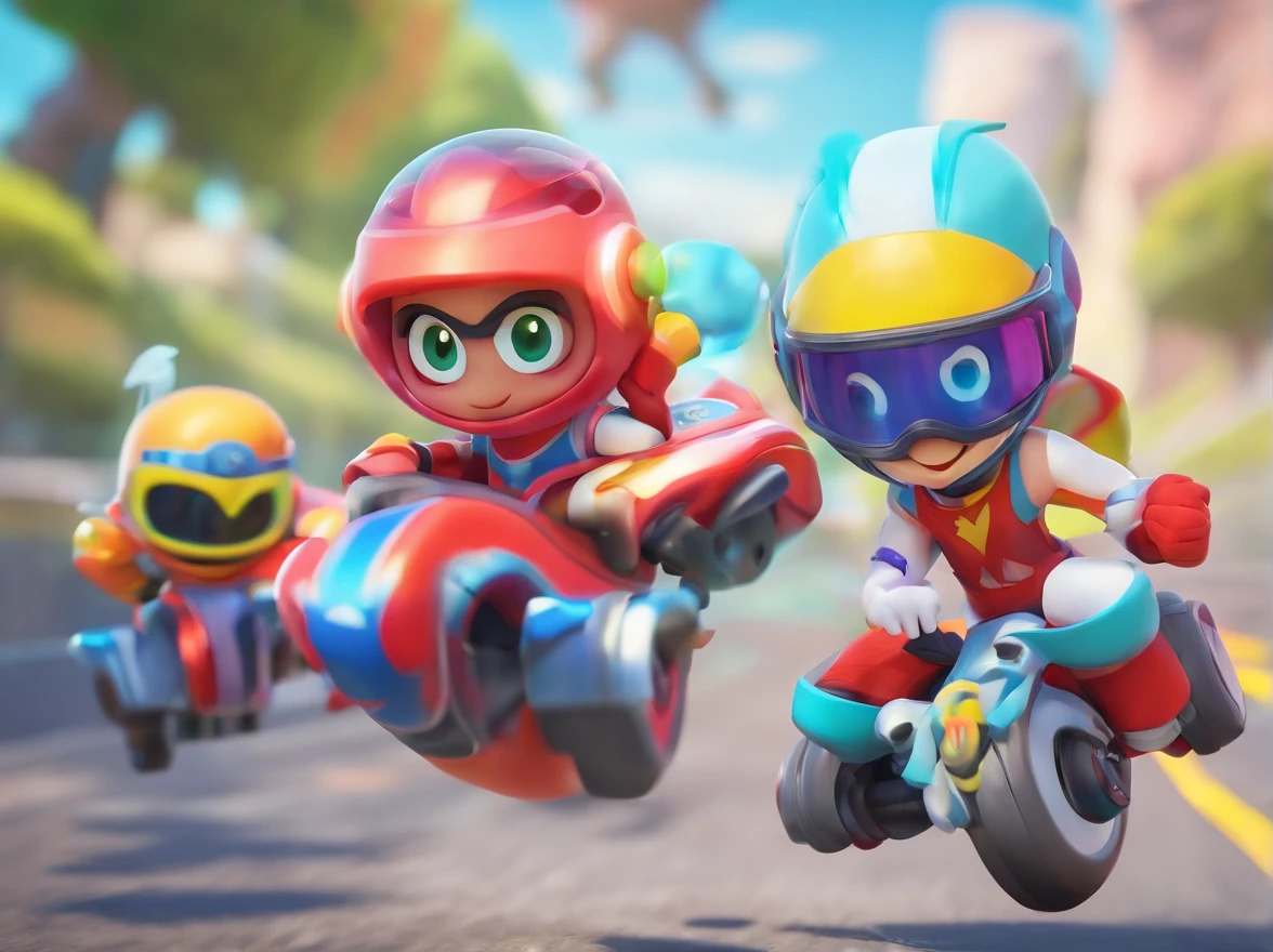 Three cartoon characters are riding on a track with helmets, New AI race, Alien racing drivers, f 1, race, helmet instead of head, helmet is off, Drivers, Ferrari, Formula 1, F1 cars blurred on the background, :underage::clown:, :whale2: as :elephant: as :robot: as :alien: as :whale:, official modern animation, cognitohazard, anime, pixelized, kids cartoon, kawaii, racing, kart, Roliman, speedway, raceway, retro, arcade, videogame