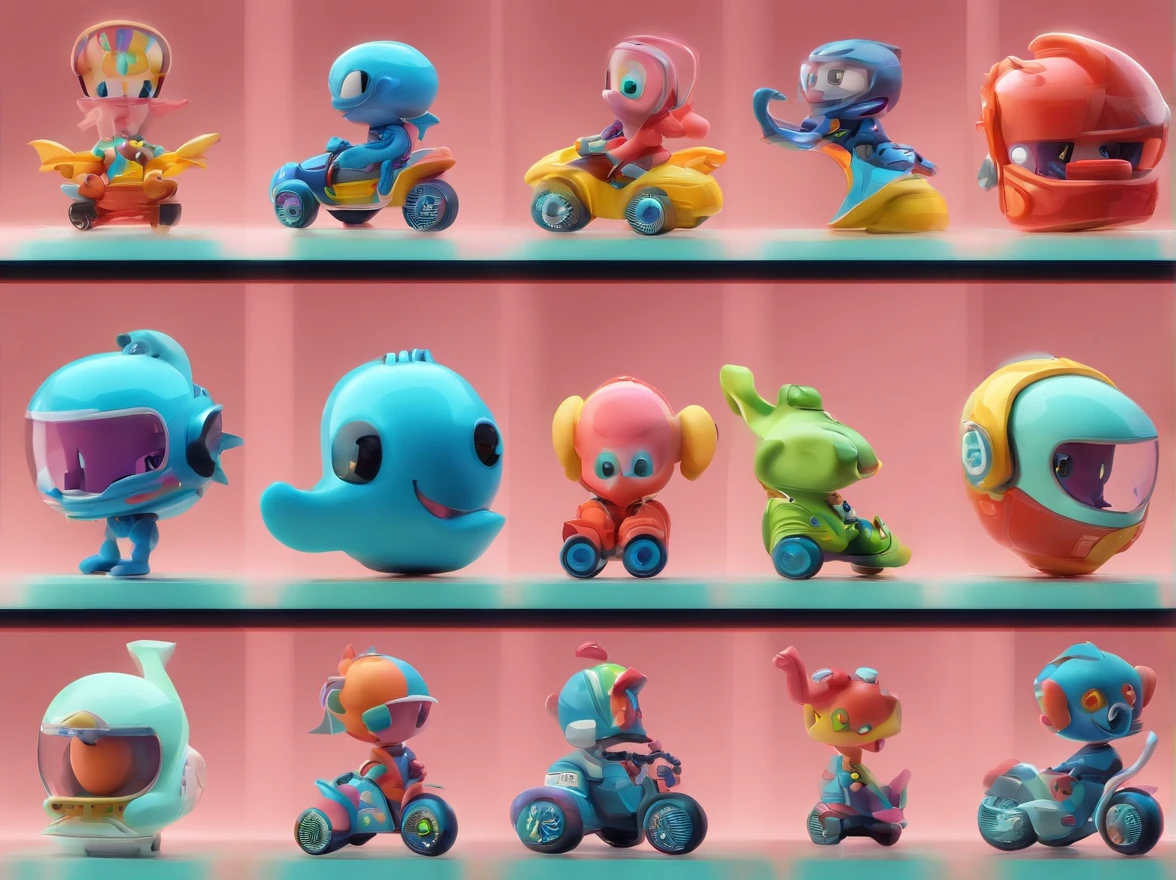 Three cartoon characters are riding on a track with helmets, New AI race, Alien racing drivers, f 1, race, helmet instead of head, helmet is off, Drivers, Ferrari, Formula 1, F1 cars blurred on the background, :underage::clown:, :whale2: as :elephant: as :robot: as :alien: as :whale:, official modern animation, cognitohazard, anime, pixelized, kids cartoon, kawaii, racing, kart, Roliman, speedway, raceway, retro, arcade, videogame