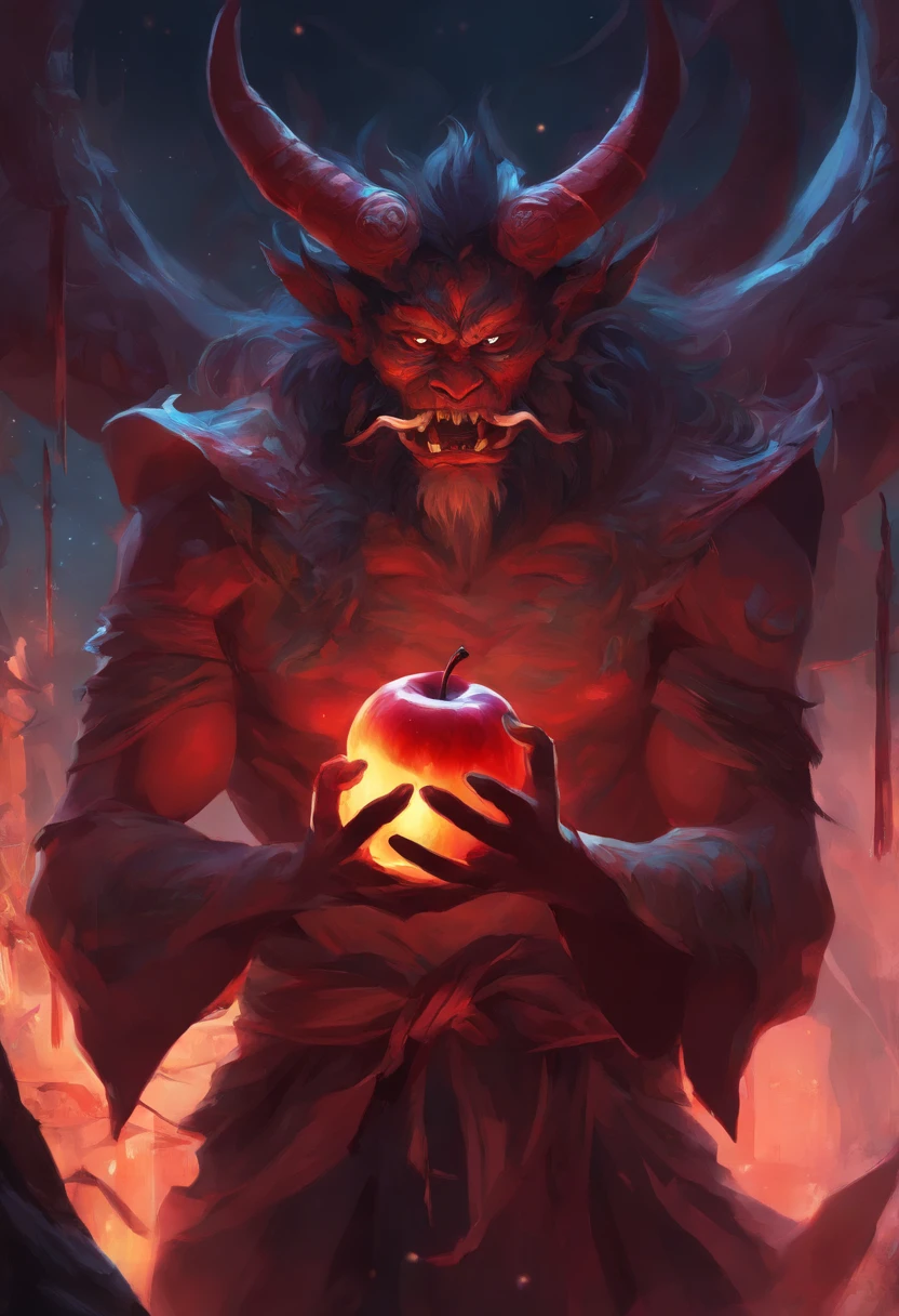 An Anime Japanese Oni eating an Apple, Angry, Perfect body, perfect facem Cinematic, Terror, horror, Red bioluminicense, HD, Dark fantaksy
