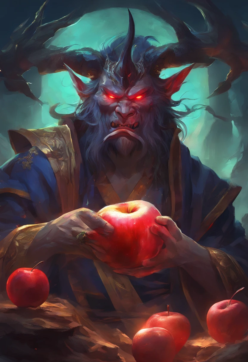 An Anime Japanese Oni eating an Apple, Angry, Perfect body, perfect facem Cinematic, Terror, horror, Red bioluminicense, HD, Dark fantaksy