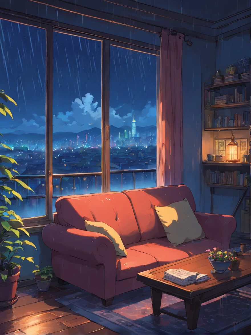 no people, no animals, background, couch, sitting by window, rain, night sky, night city, absurdres, high res, ultrasharp, 8K, masterpiece