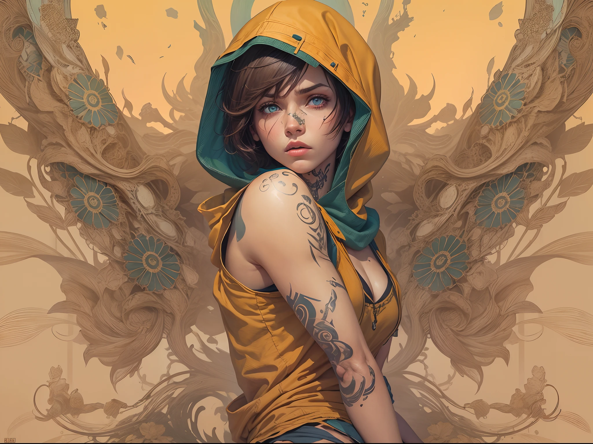 in a desert,A defeated woman,Short brown hair,Blue pupils,Earthy yellow broken hood,spread their legs,The whole body is covered with tattoos