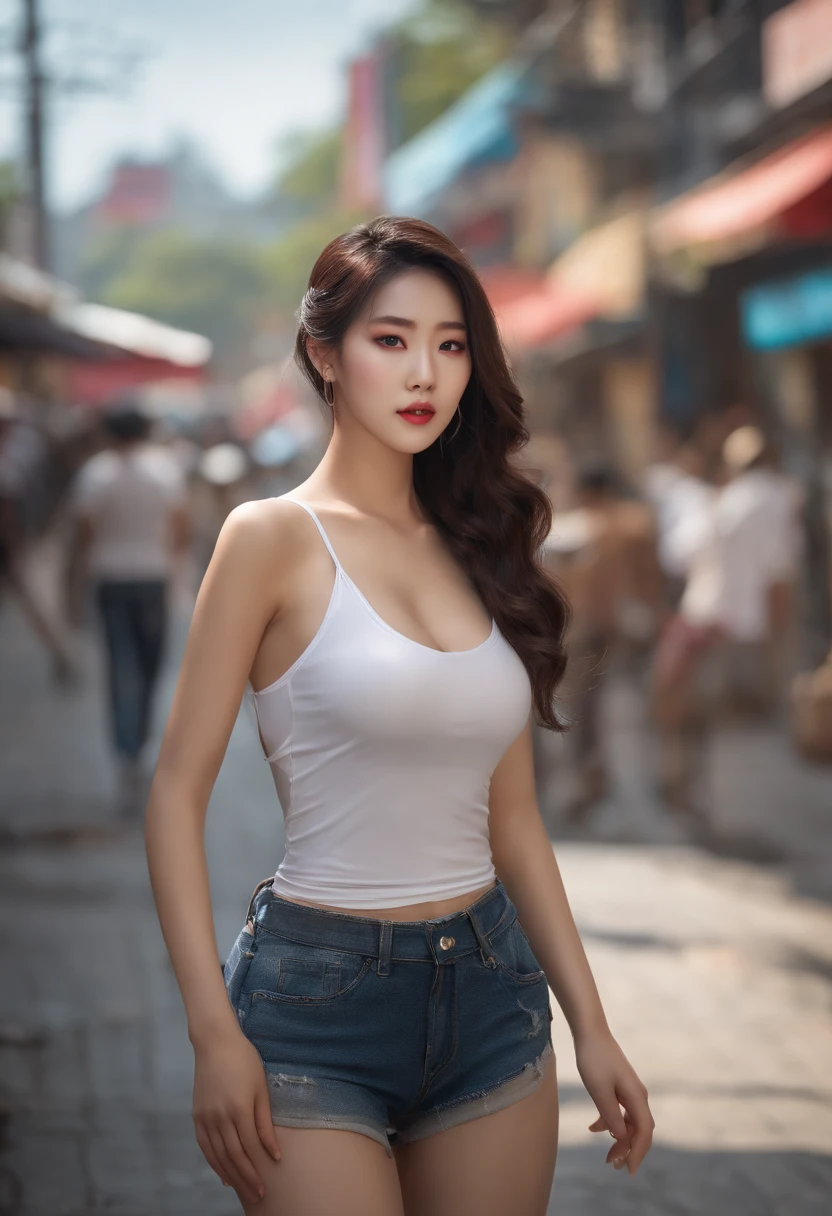 ultra realistic, best beautiful korean girl, full body, wavy hair, high bun hair, on street, cleavage, white wet tank top, medium boob, navel-revealing shirt, string, nsfw