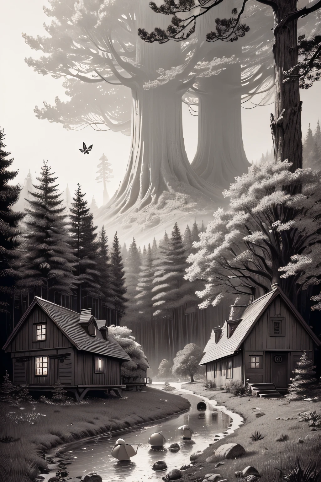 several dwarfs in the middle of the forest, black and white drawing style, big trees, small houses, stream next door, mushrooms, fairies, butterflies flying