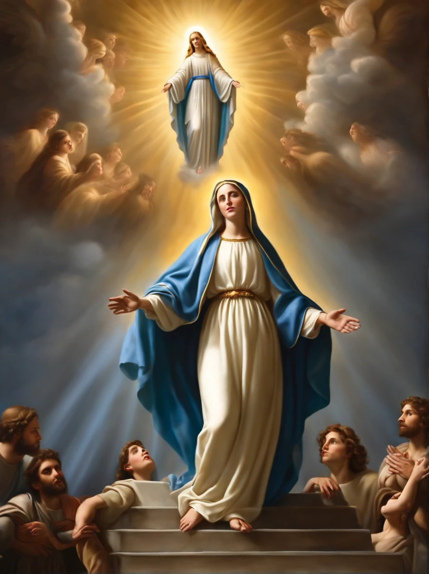 Crie uma imagem realista ,  Where the Virgin Mary descends from heaven as a saint. the image needs to reflect the passage in the Bible where Paul describes his rapture.
