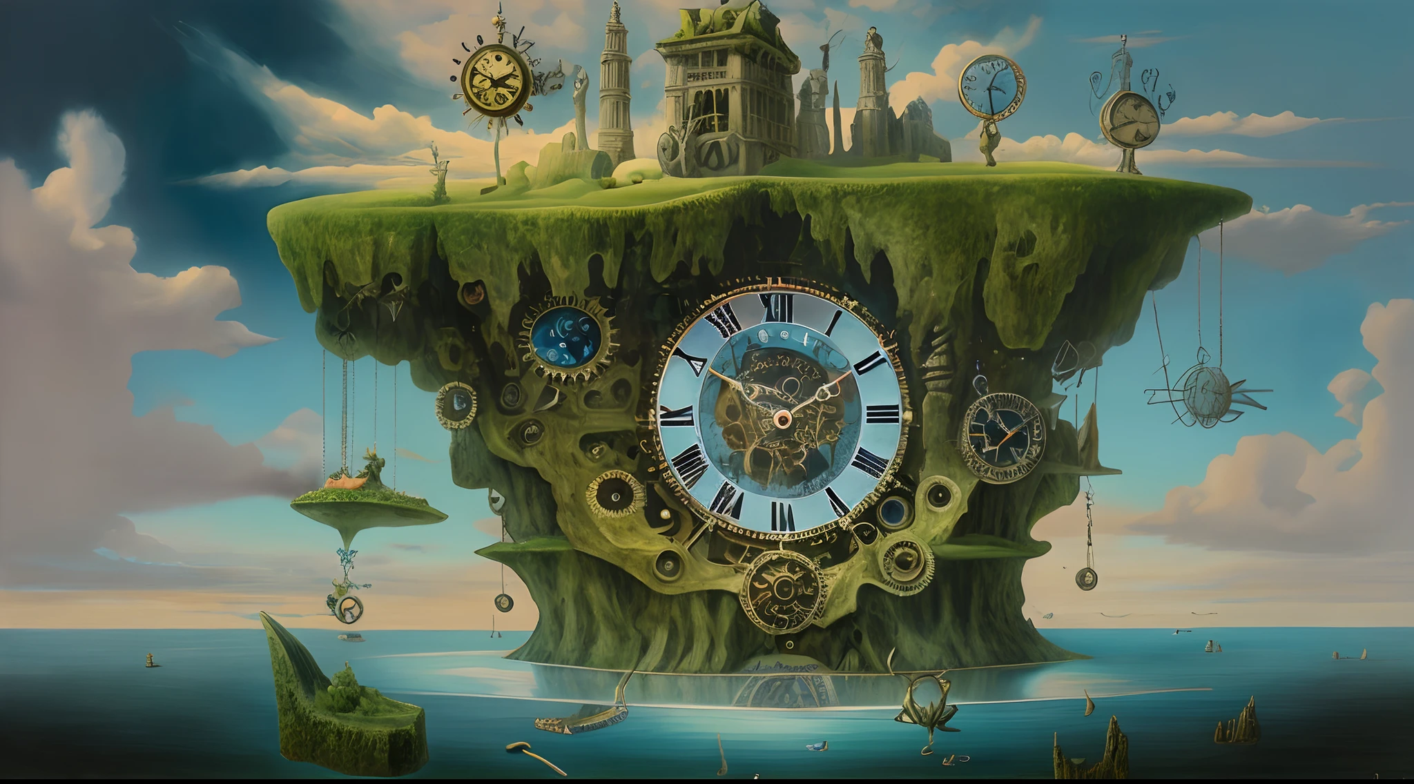Surrealist painting of a floating island with giant clock gears, populated with mythical creatures.