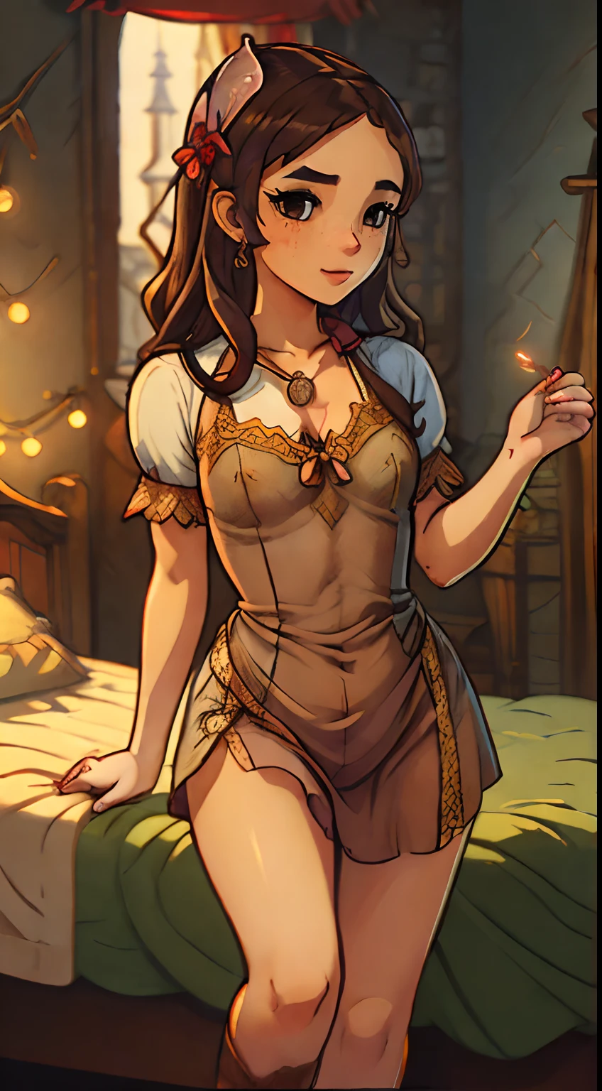 dkttlr undefined (bedroom lady), (sheer nightie), ((medieval bedchamber)), in bed, Highly detailed, masterpiece, ((hand drawn animation)), ((toon style)), ((style by personalami)), adult (Malena Morgan), brunette, as a naked Viking, brown hair, full body, ((blurry background)), fine, realistic, shaded, lighting, ilya, kuvshinov, katsuhiro, artgerm, jeremy, lipkin, michael, garmash detailed, radiant, light, detailed, intricate, environment