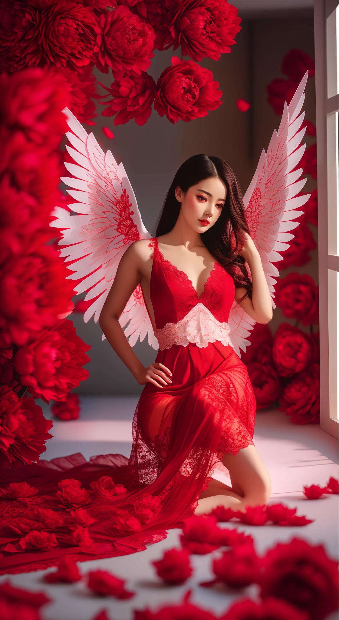 (best quality,highres),sexy woman,sensual lace outfit,open V neckline,fully bloomed peony flowers in vibrant red hue,delicately revealing the texture and intricacy of the petals,a pair of glowing angel wings, fiery red high heels, cinematic shot, a playful twist, centered composition