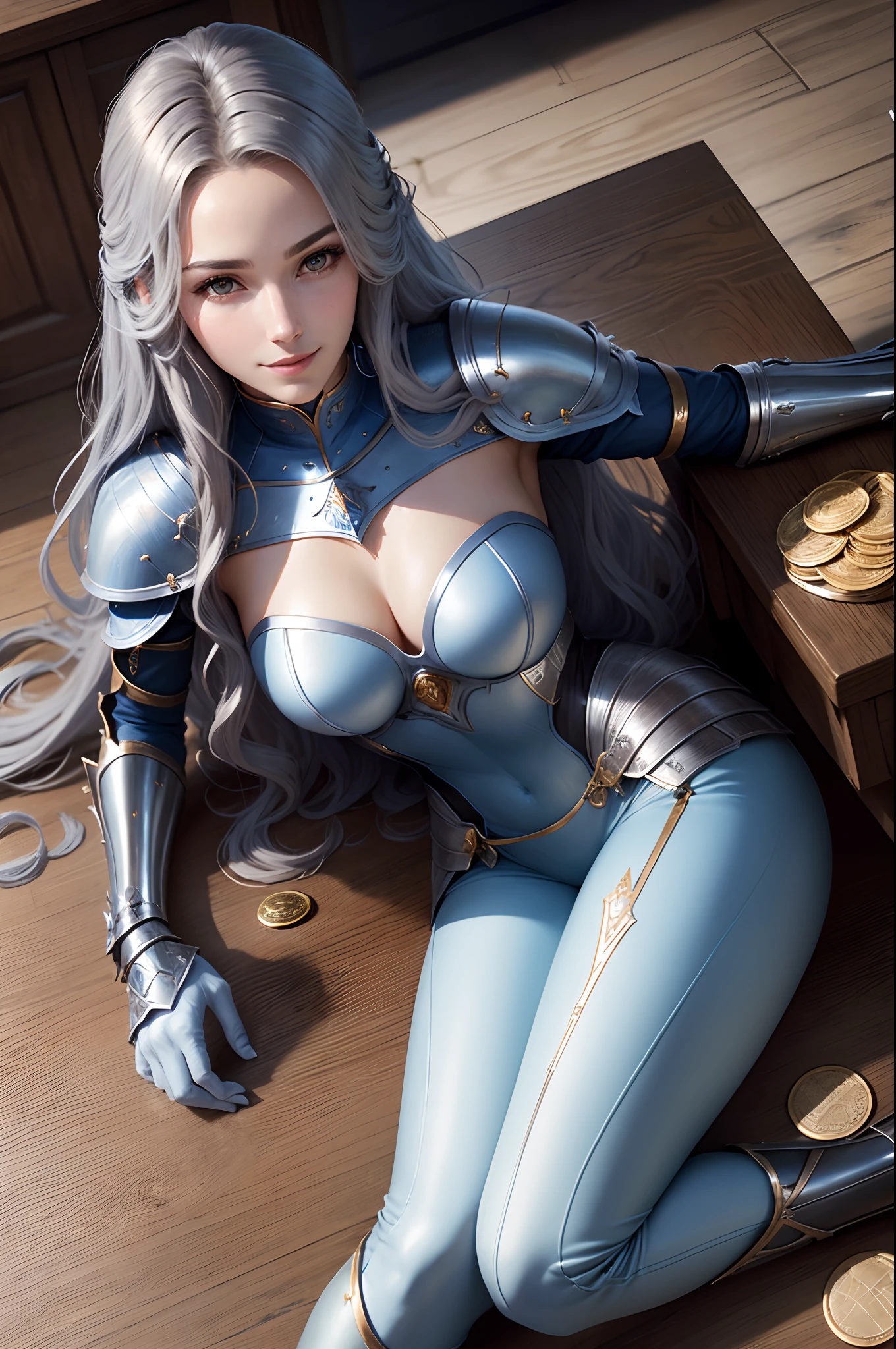 8K,　Tarot Cards, (Woman knight), Super beauty (Like the real thing)　Long wavy brown hair　a matural female　Silver and blue chest armor　White and blue trousers　Blue leg armor　 Table with food and beer　Lots of coins　超A high resolution　real looking skin　a smile