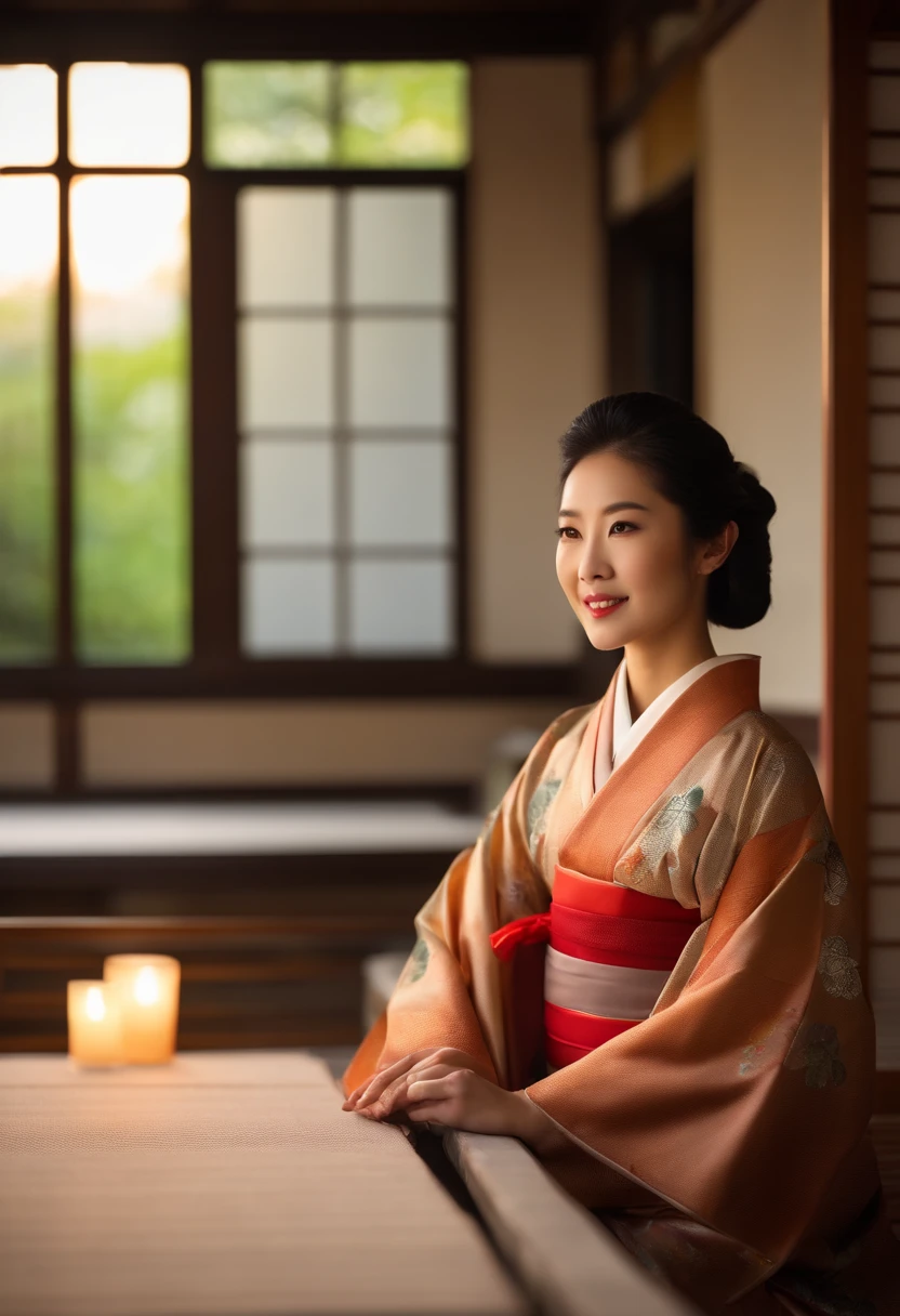 fotorealistisch, nur, beautiful Japanese woman, traditioneller Kimono, natural figure, soft smile, Beeindruckender Blick, Traditionelle Frisur, Japanese room at dusk, am Fenster sitzen, beleuchtet von den Lichtern der Stadt, (attraktive Pose), Professioneller Fotograf, light depth of field, Hintergrundbeleuchtung,
