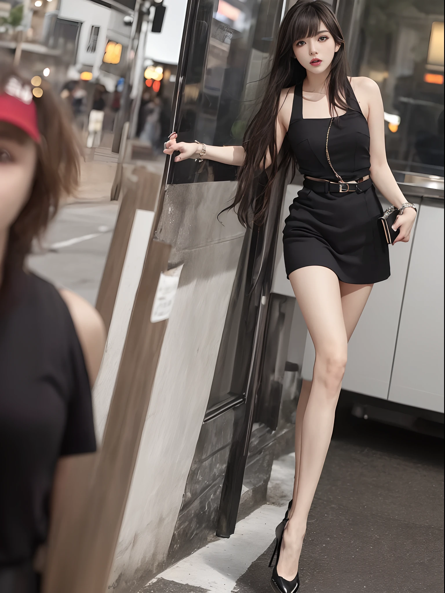 ((4K works))、masterpiece、(top-quality)、1 beutiful girl、Slim body、((Attractive clothes in black and white))、(Detailed beautiful eyes)、Take selfies on the road at night、((Face similar to Carly Rae Jepsen))、((Boyish light brown long hair))、((Smaller face))、((Neutral face))、((Bright blue eyes))、((American adult women))、((Adult female 26 years old))、((cool lady))、((Like a celebrity))、((Shy look))、((Korean Makeup))、((elongated and sharp eyes))、((Girlfriend enjoying happy date))、((boyish))、((She is walking in front of the viewer))、((shot from a side angle))
