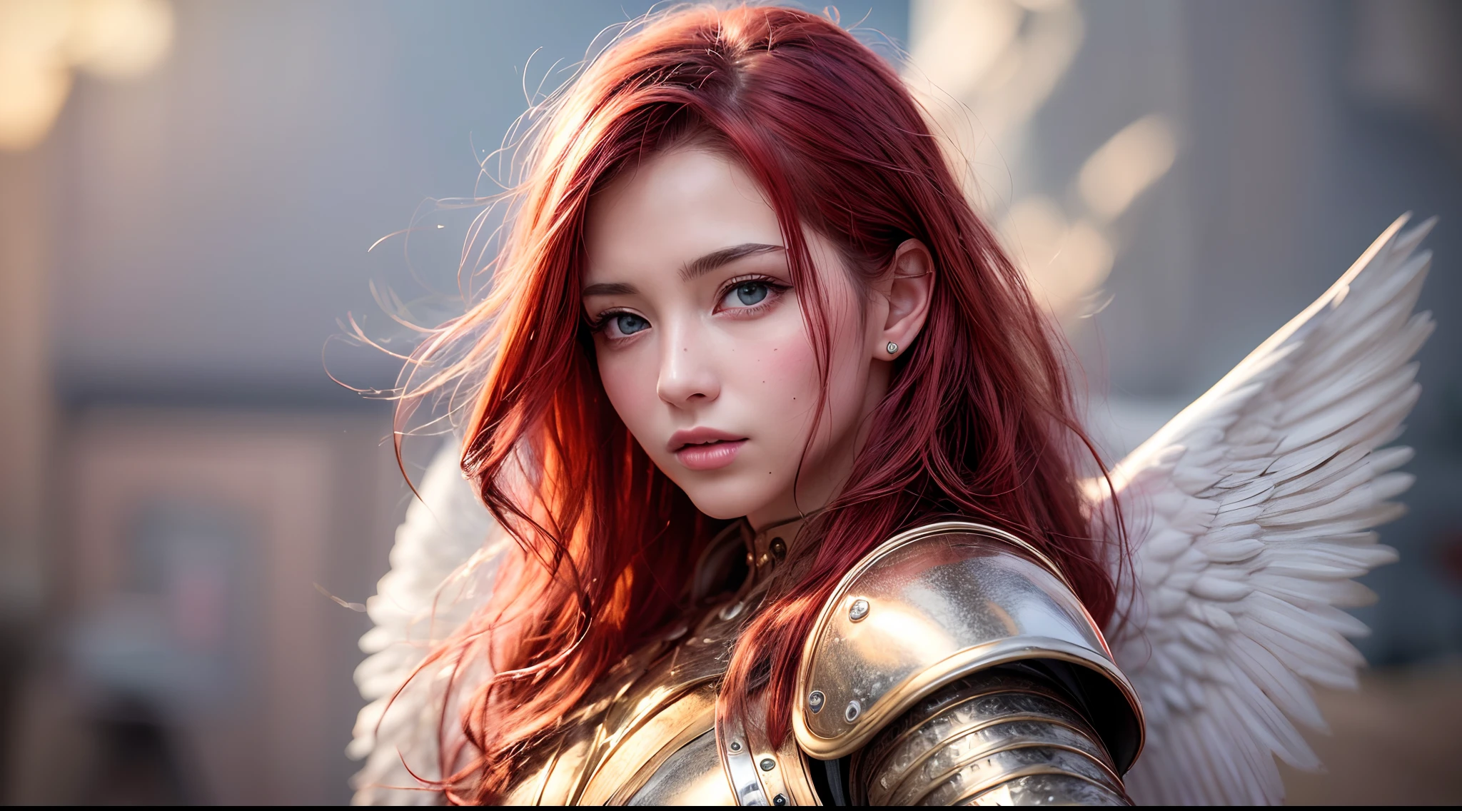 (best quality,4k,8k,highres,masterpiece:1.2), ultra-detailed, (realistic,photorealistic,photo-realistic:1.37), stunningly beautiful girl with fiery red hair, tousled and flowing, mesmerizing eyes, angel wings, wearing a medieval armor.