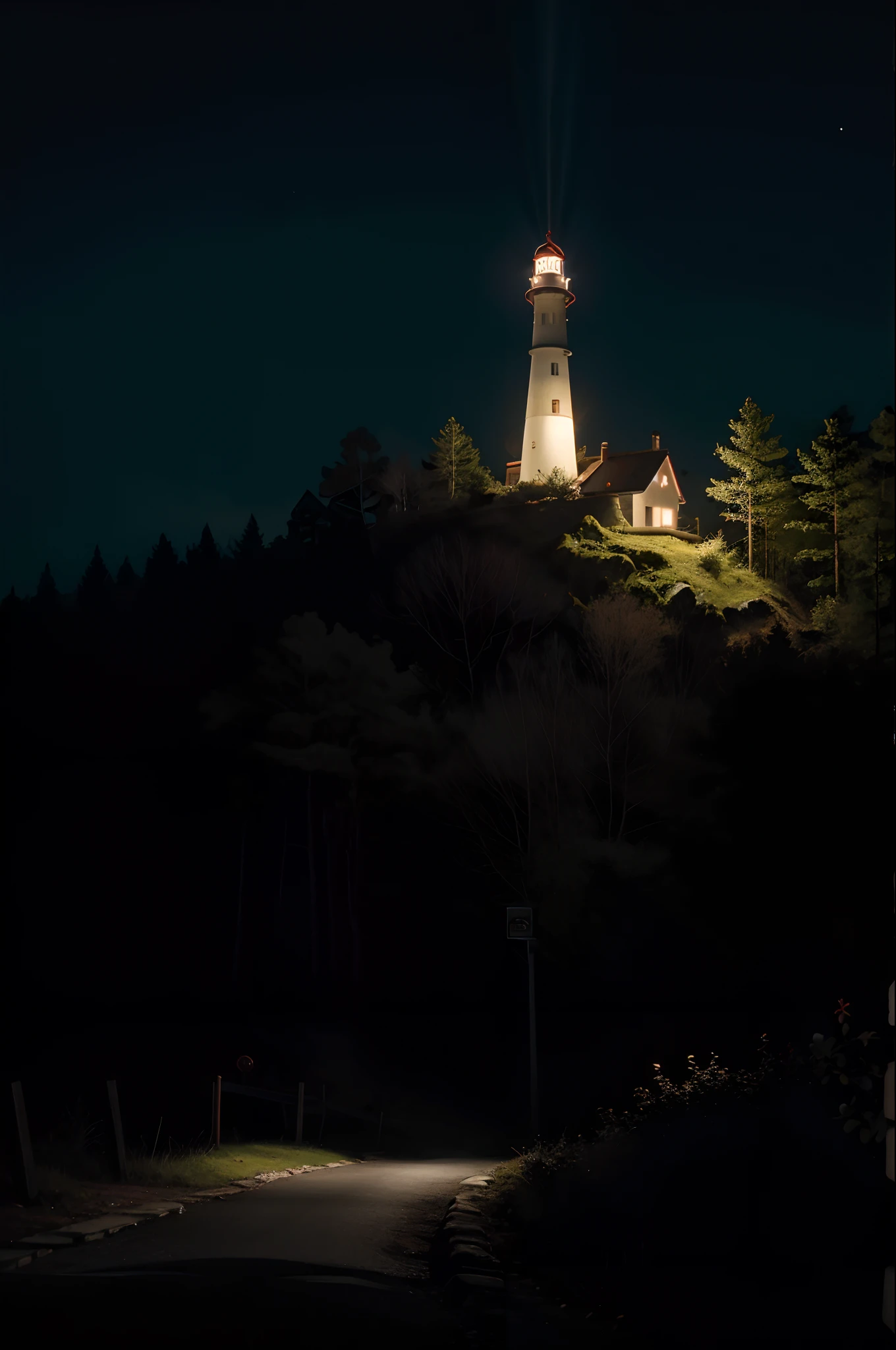 kombi 1969, green and red, dark night, black forest, dark environment, best quality, hyperrealistic, dslr, 8k, lighthouse,