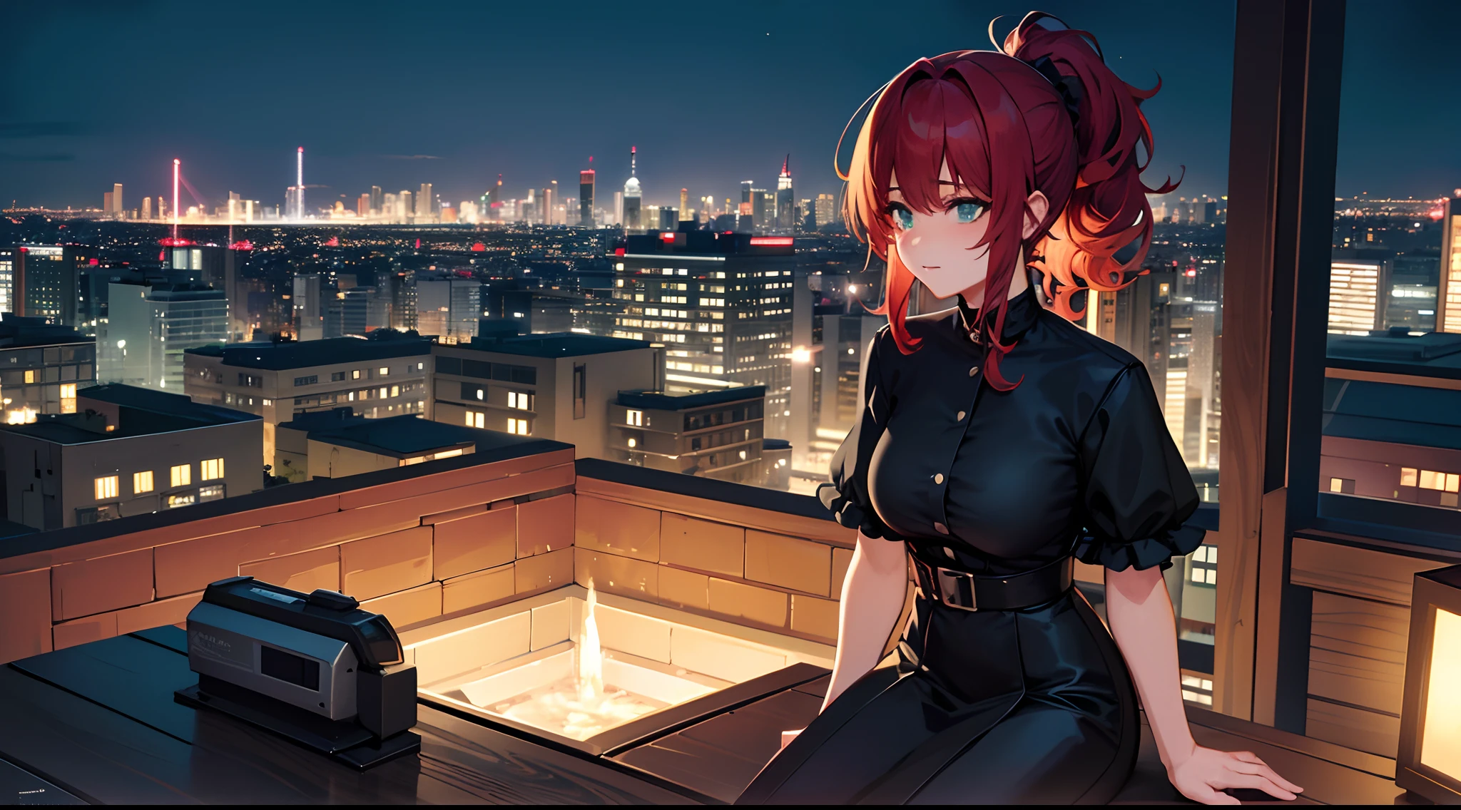 masterpiece, lots of detail, 4k, 8k, ((ultra-detailed)), highres, rooftop, looking out, night, alcohol, drunk, {red hair|green hair|black hair|blue hair}, {ponytail|short hair|long hair|curly hair}