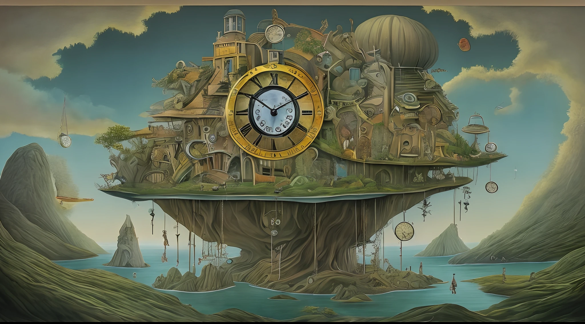 Surrealist painting of a floating island with giant clock gears, populated with mythical creatures.