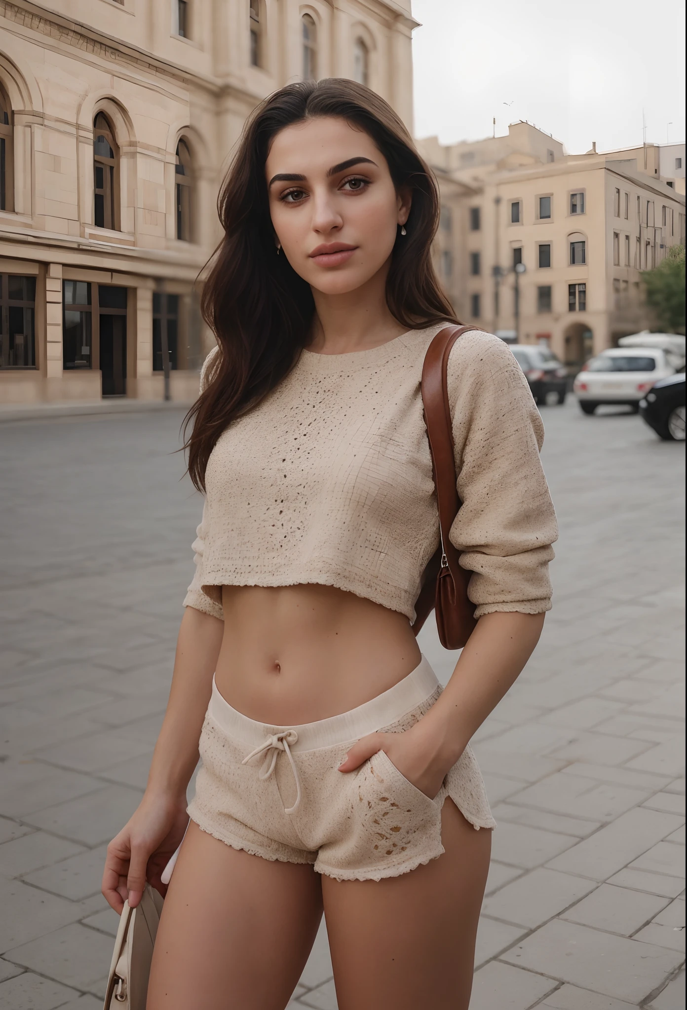 a hot armenian woman, casual look, yerevan, instagram, overcast, skin pores, detailed skin, detailed skin texture, beautiful face, low saturation, natural light, insane detail, smooth light, real photography, full HD, taken on a iphone 14 pro max, full body, realism, super realistic mobile shoot photography, sexy, short, gym body