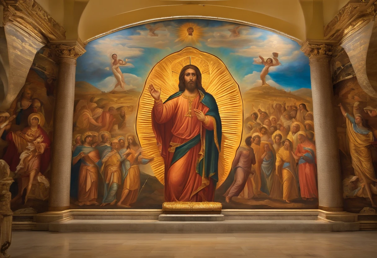 "Imagina um mural sagrado, adorned with depictions of the powerful deeds mentioned. No centro, um mar vermelho se abre dramaticamente, symbolizing the greatness of divine intervention. To your right, muralhas imponentes desabam, illustrating the fall of seemingly insurmountable obstacles. On the left hand, a man is depicted rising;, emergindo da mortalidade para a vida, a symbol of Your ability to overcome death. Abaixo, We see paralytics standing up, Witnessing the Blessing of Restored Mobility. May this image convey the magnificence of divine deeds and inspire a renewed faith in God's ability to overcome the impossible."