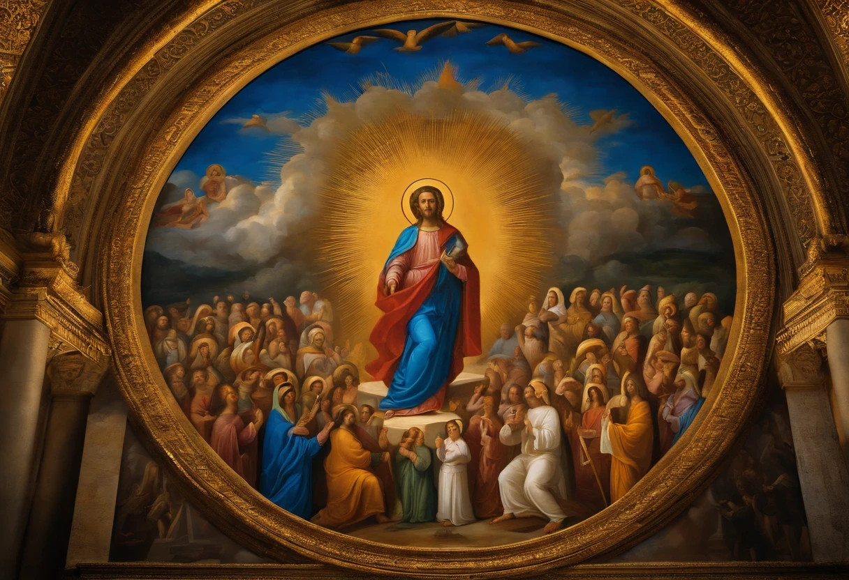 "Imagina um mural sagrado, adorned with depictions of the powerful deeds mentioned. No centro, um mar vermelho se abre dramaticamente, symbolizing the greatness of divine intervention. To your right, muralhas imponentes desabam, illustrating the fall of seemingly insurmountable obstacles. On the left hand, a man is depicted rising;, emergindo da mortalidade para a vida, a symbol of Your ability to overcome death. Abaixo, We see paralytics standing up, Witnessing the Blessing of Restored Mobility. May this image convey the magnificence of divine deeds and inspire a renewed faith in God's ability to overcome the impossible."