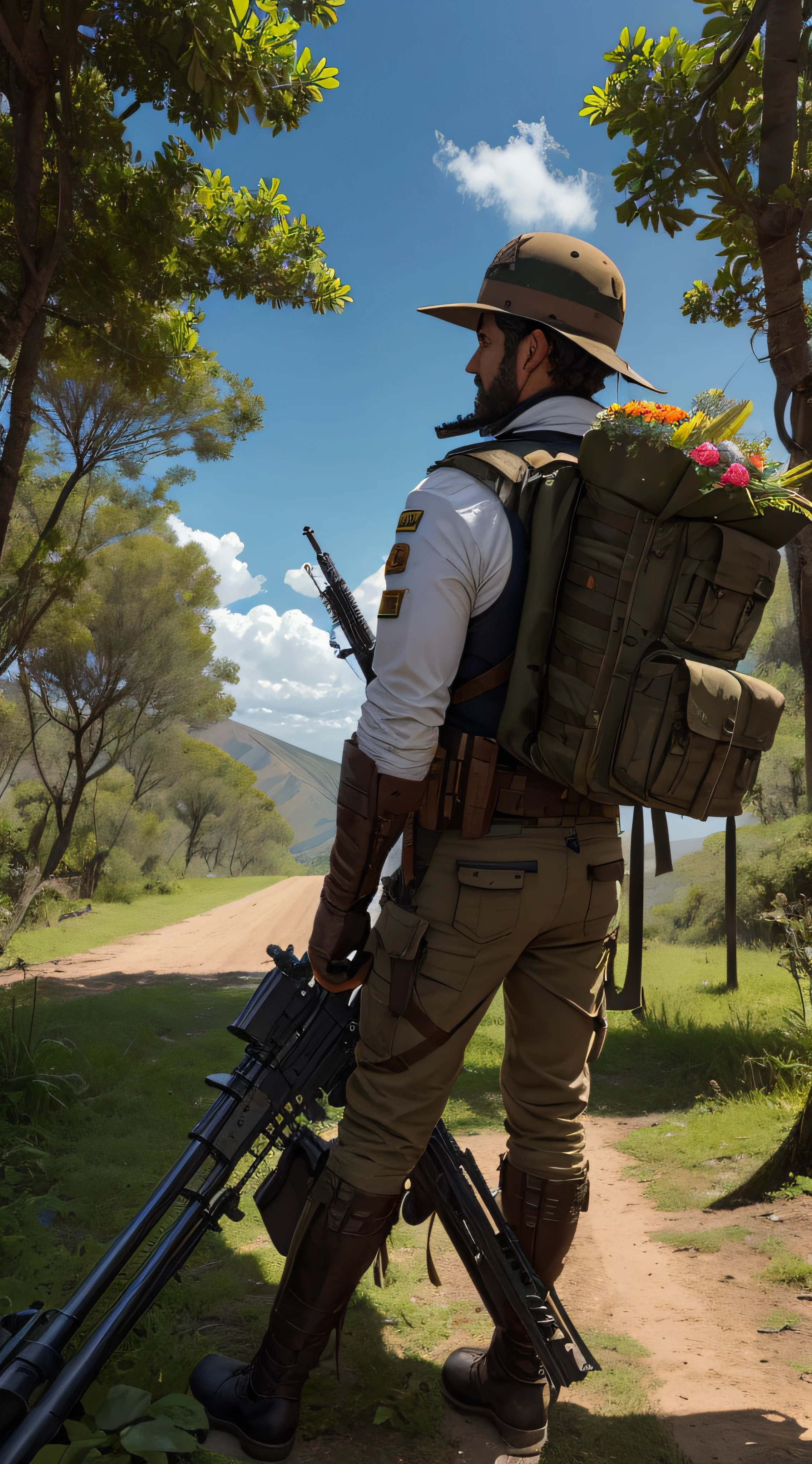 (extremadamente detallado, obra maestra, La mejor calidad, foto antigua, principios de siglo, VHS Aesthetics) Soldado con una armadura tecno. Armas grandes, cannons on his back. motosierras. pieles de animales. In the middle of a strange jungle. Vegetables from another dimension. Epic flowers far away, organic trees with meat. Luz noche.