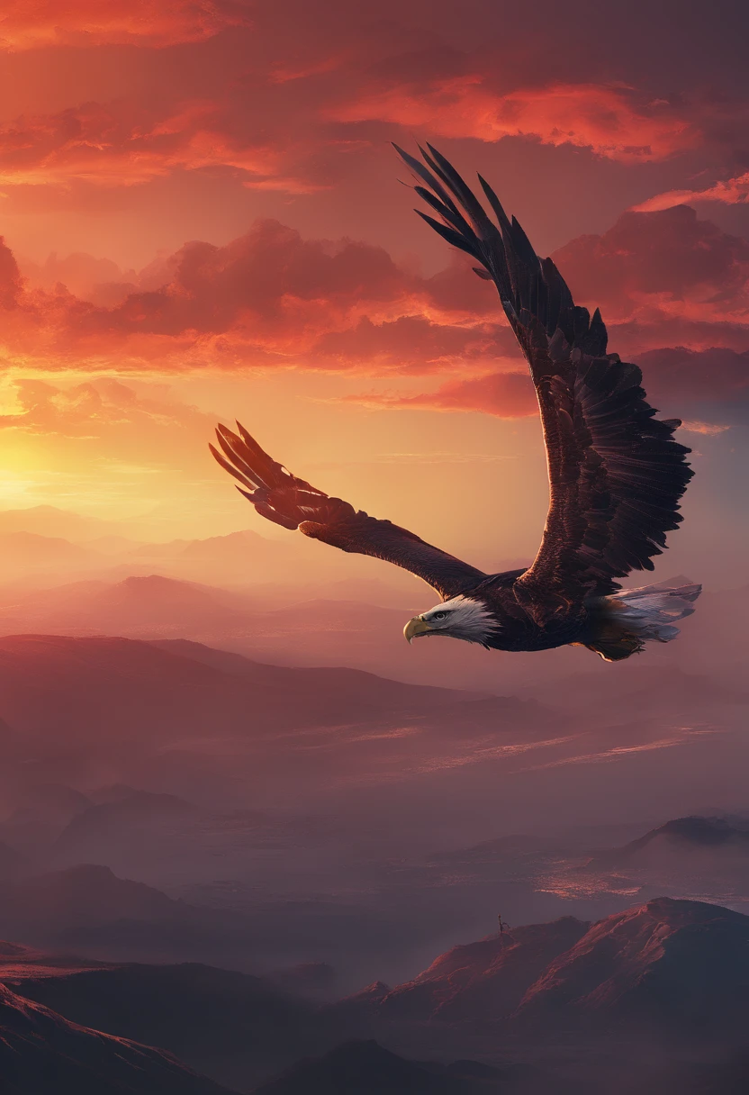 There is a large eagle flying over a mountain range at sunset - SeaArt AI