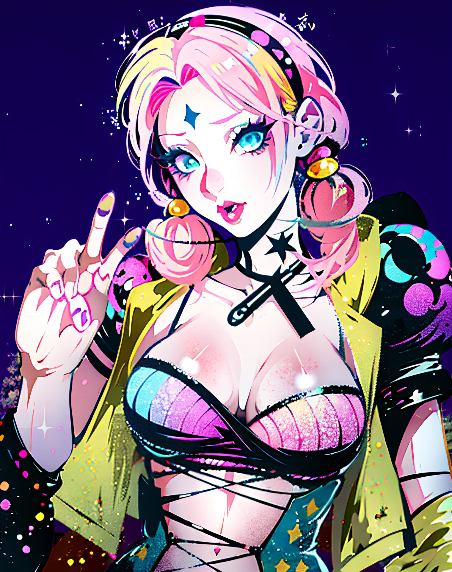 blond and pink haired girl with pink and yellow hair and a black dress, belle delphine, y 2 k cutecore clowncore, decora inspired, anime girl cosplay, pink twintail hair and cyan eyes, colorful pigtail, vi from arcane, amouranth, anime vibes, kawaii decora rainbowcore, with black pigtails