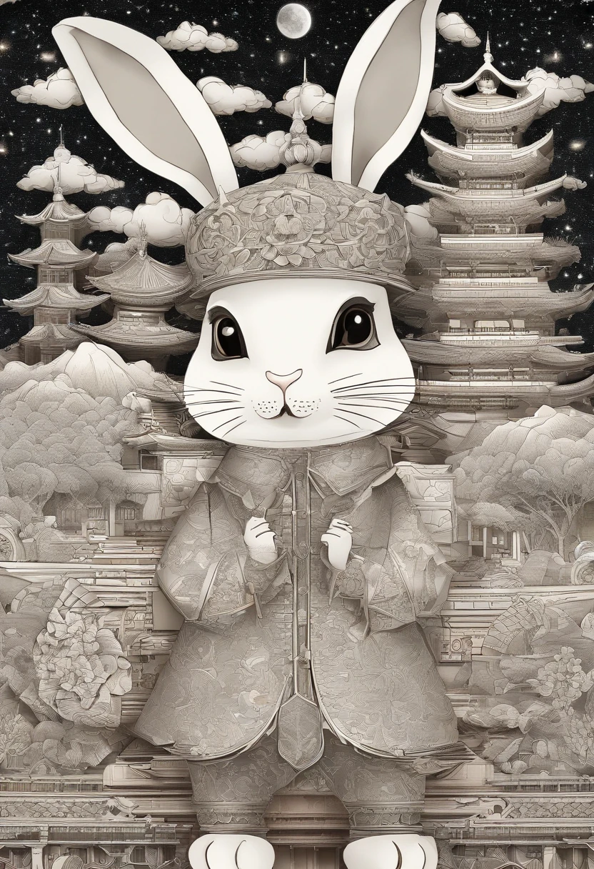 A rabbit，anthropomorphic turtle，Wear traditional Chinese clothing，Detailed and beautiful face，Chinese Mid-Autumn Festival，Standing on the moon，Behind him is a white Chinese palace，Look at the camera，homesick，Starry sky and earth as background，（full bodyesbian：1.25），(paper art, Quilted paper art:1.2, geomerty:1.1, zentangle,a 3D render), （tmasterpiece：1,2），best qualityer，extremely detailed CG  8k wallpaper，best qualityer，A high resolution，Original，extremelydetailedwallpaper，