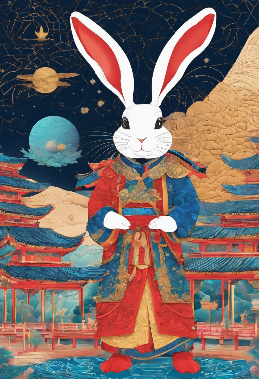 A rabbit，anthropomorphic turtle，Wear traditional Chinese clothing，Detailed and beautiful face，Chinese Mid-Autumn Festival，Standing on the moon，Behind him is a white Chinese palace，Look at the camera，homesick，Starry sky and earth as background，（full bodyesbian：1.25），(paper art, Quilted paper art:1.2, geomerty:1.1, zentangle,a 3D render), （tmasterpiece：1,2），best qualityer，extremely detailed CG  8k wallpaper，best qualityer，A high resolution，Original，extremelydetailedwallpaper，