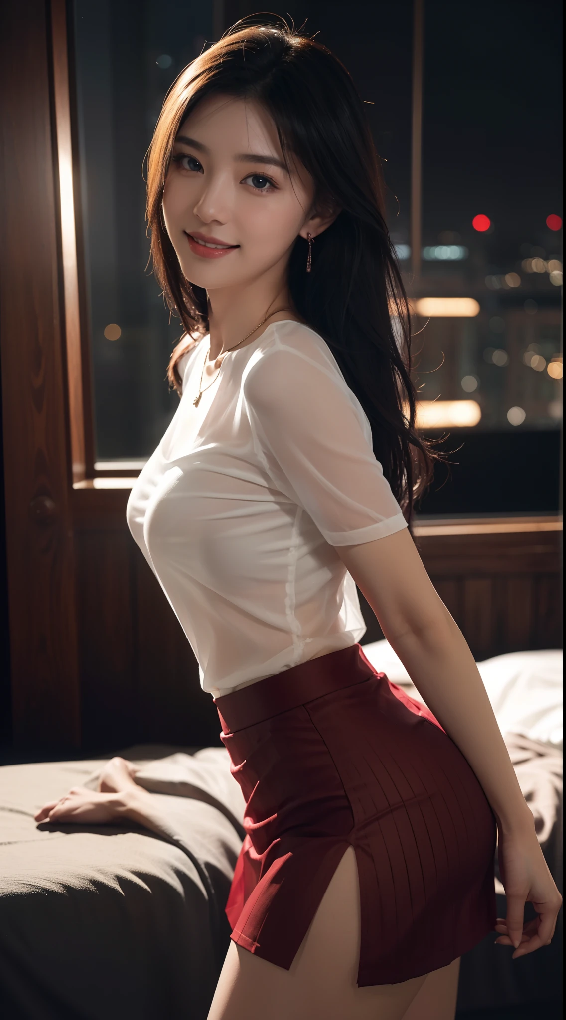 8k, masterpiece, RAW photo, best quality, photorealistic, extremely detailed CG unity 8k wallpaper, Depth of field, Cinematic Light, Lens Flare, Ray tracing, (extremely beautiful face, beautiful lips, beautiful eyes), intricate detail face, ((ultra detailed skin)) 1girl, in the dark, deep shadow, pretty asian girl, very slim slender fit-muscled body), ((looking at viewer)),(big smile), (blurry background), midnight, (pretty asian girl), earrings, bracelets, necklace, clear eyes, shot, (pale skin), face forward, (big eyes), ((close up shot)), (looking at viewer), medium breasts,((smile)), (see through), (open breasts), ( very slim), (see through shirt), ((naked)), ((red see through skirt)), thick thighs, laced stockings, rooftop, dim lights, big windows, bed, ((night)), cityscape