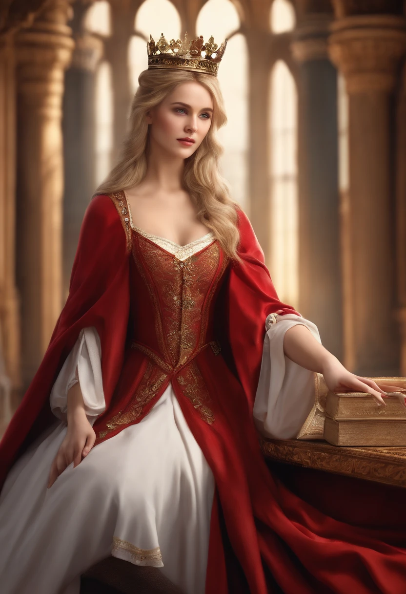 (Masterpiece: 1.2, Best Quality), Realistic, (Realistic Picture, Complex Details, Depth of Field), Best Quality, Masterpiece, Highly Detailed, Semi Realistic, 1 Girl, Mature Female, 21 Years Old, Blond Hair, Shoulder length Short Hair, Left Eye Covered with Hair, Blue Eyes, King's Clothes, Red Cloak, Slim Figure, Crown Made of Precious Gold, Reading Documents, Marking Documents, Goose Hair Pen, Office Table, Soft Bench, Palace, In the palace, during the Middle Ages
