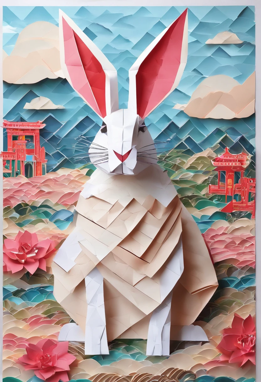 A rabbit，anthropomorphic turtle，Wear traditional Chinese clothing，Detailed and beautiful face，Chinese Mid-Autumn Festival，Standing on the moon，Behind him is a white Chinese palace，Look at the camera，homesick，Starry sky and earth as background，（full bodyesbian：1.25），(paper art, Quilted paper art:1.2, geomerty:1.1, zentangle,a 3D render), （tmasterpiece：1,2），best qualityer，extremely detailed CG  8k wallpaper，best qualityer，A high resolution，Original，extremelydetailedwallpaper，