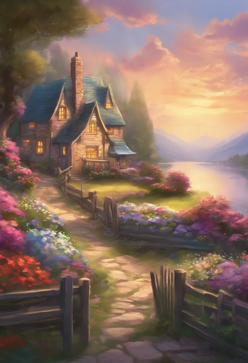 painting of a cottage, flowers beside of fence, fence along the road, mountain landscape with a lake and a boat, illustration matte painting, inspired by Thomas Kinkade, symmetric matte painting, detailed scenery , style raw, 8 k ultra detailed