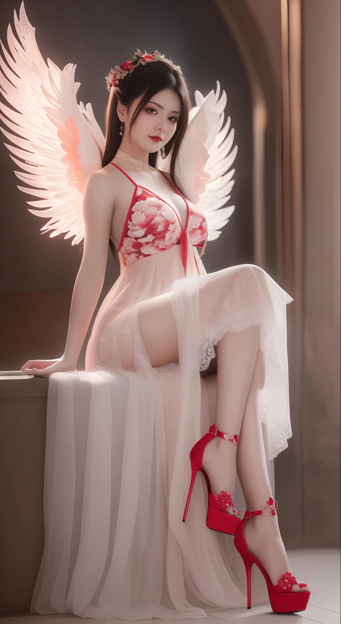 (Best quality,A high resolution),Sexy woman,Sexy lace clothing,Open V-neckline,Bright red peony flowers bloom,Subtly reveal the texture and complexity of the petals,A pair of glowing angel wings, Fire red high heels, cinema shot, A playful twist, centered composition