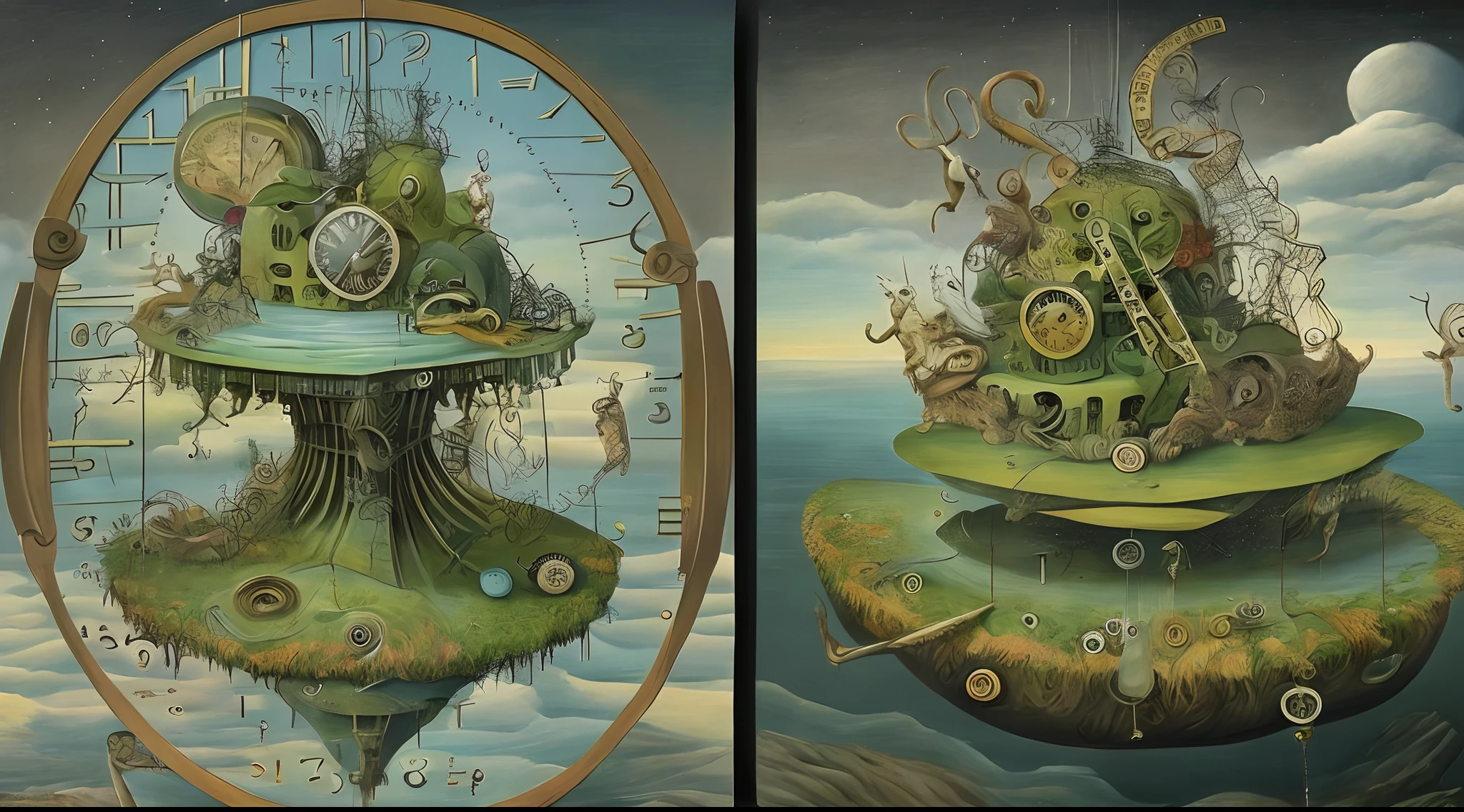 Surrealist painting of a floating island with giant clock gears, populated with mythical creatures.