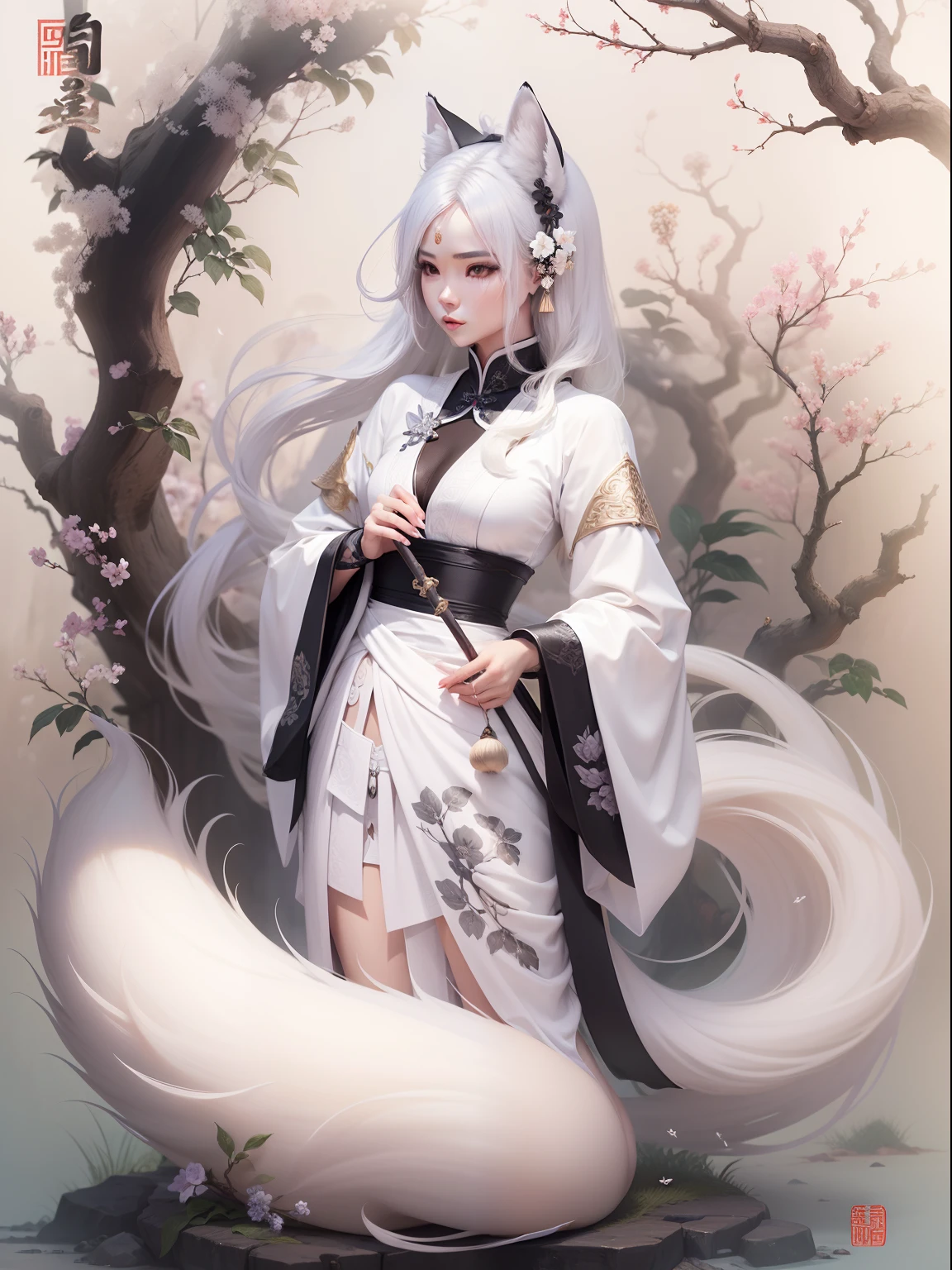 master part, Melhor, noite, 1 female, White fox with three tails, com olhar negro profundo, corpo delicado, Chinese style, China antiga, expression of wisdom and mystery, calmo, sentado, Misterioso