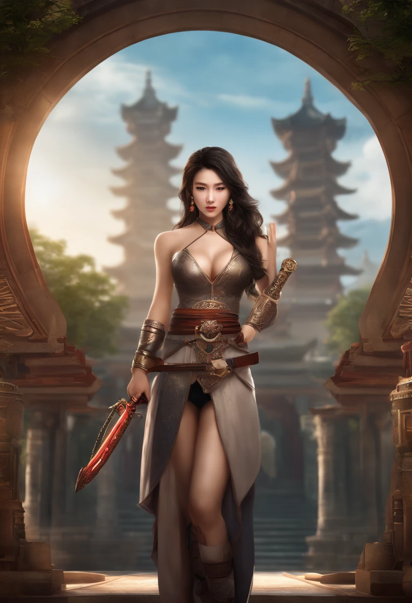 Best quality,masterpiece,ultra high res,(photorealistic:1.4),xiuxian,weapon,Detailed face,, 1girl,solo,weapon,cleavage,(magic circle:1.2),xiuxian,upper body,Beautiful girl,full body,east asian architecture,sheath,architecture, "DUTAN" text in typography glowing.